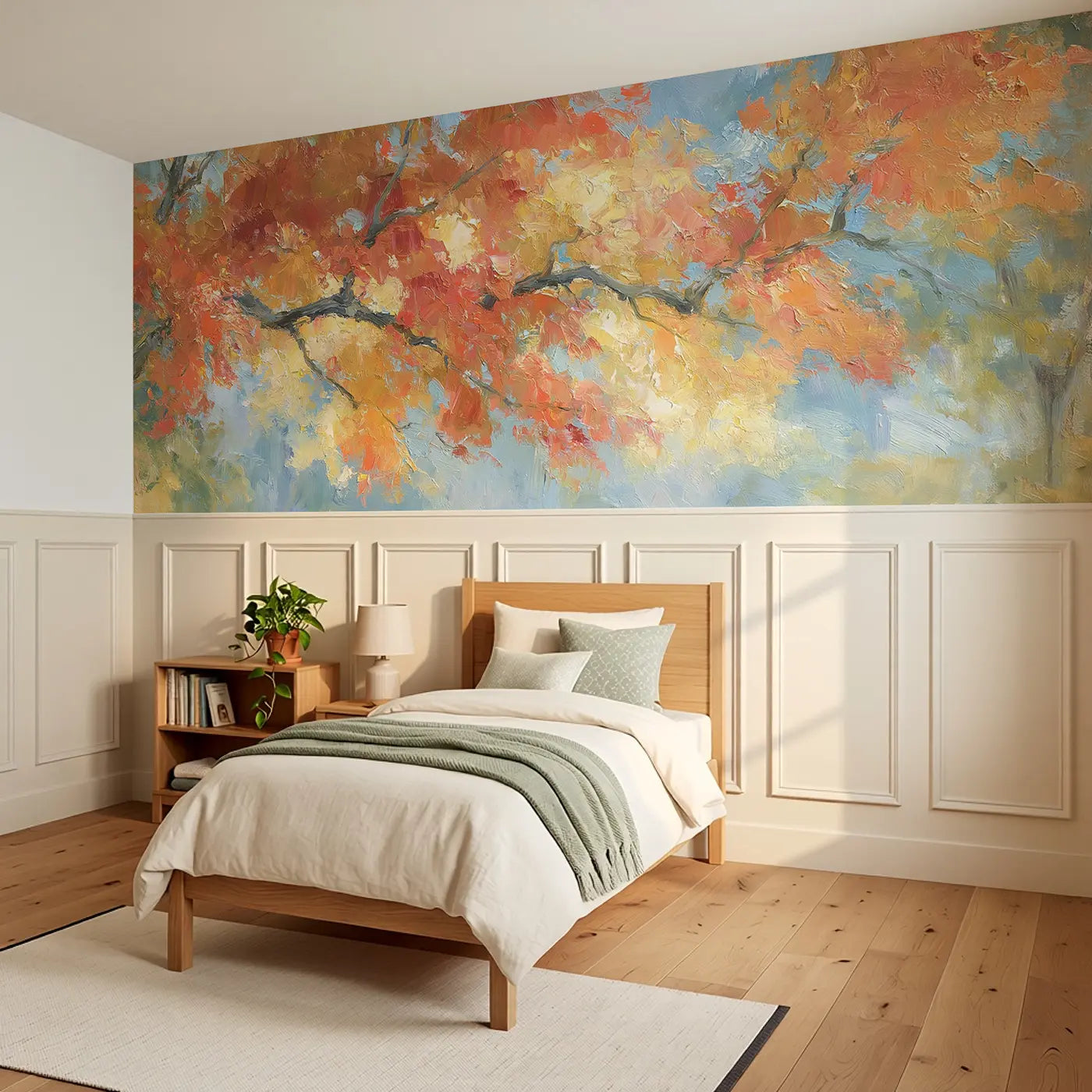 Autumn Canopy Golden Fall Wainscoting Wallpaper styled in a kids bedroom by Whimsy Tots