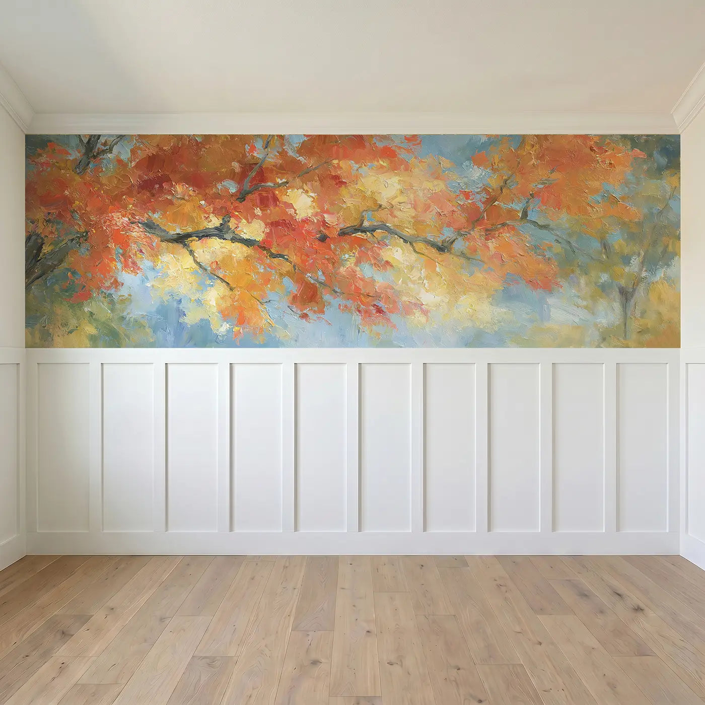 Full panel view of Autumn Canopy Golden Fall Wainscoting Wallpaper by Whimsy Tots