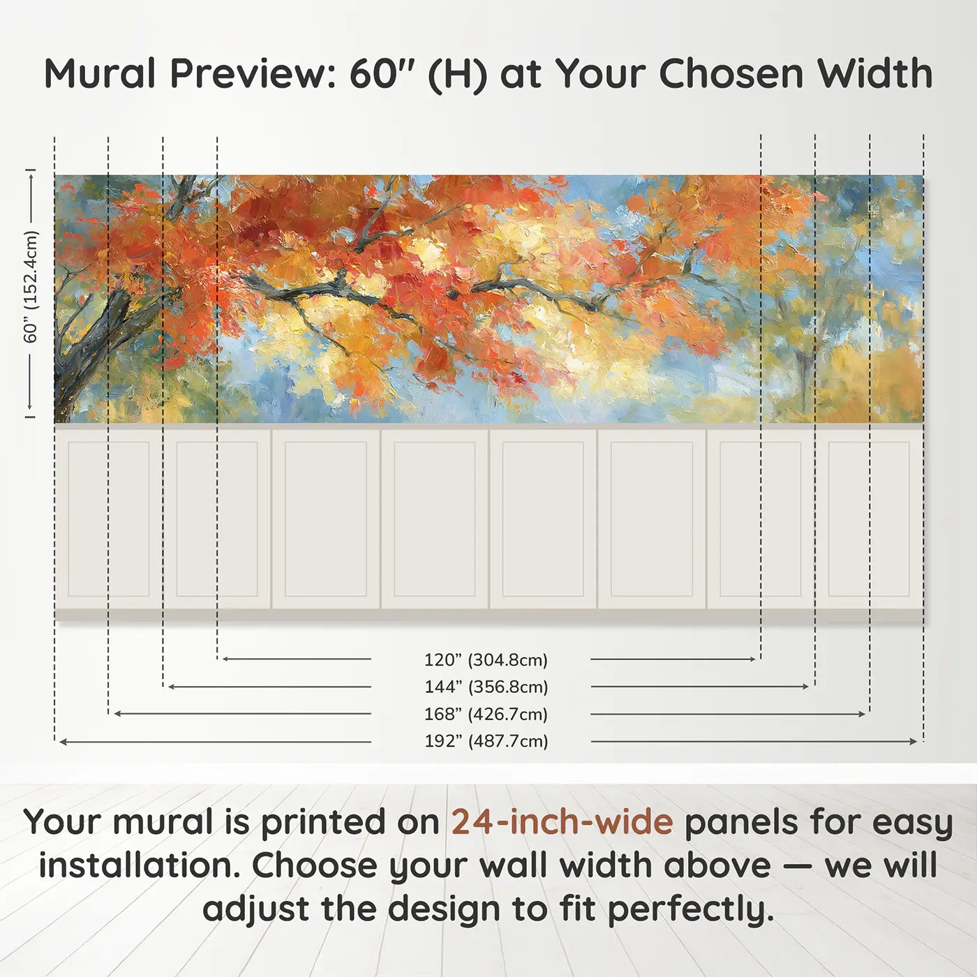Panel dimensions for Autumn Canopy Golden Fall Wainscoting Wallpaper by Whimsy Tots