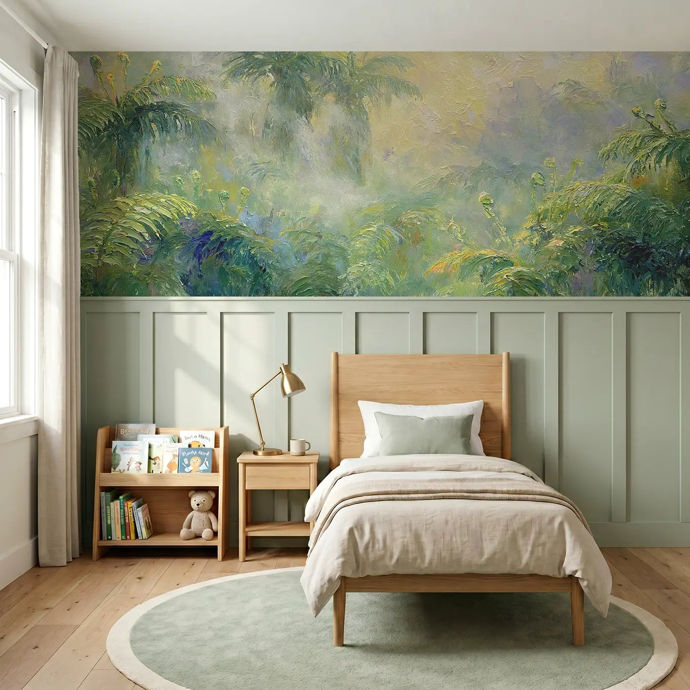 Painted Landscape fern valley morning oil wainscoting wallpaper for nursery by Whimsy Tots