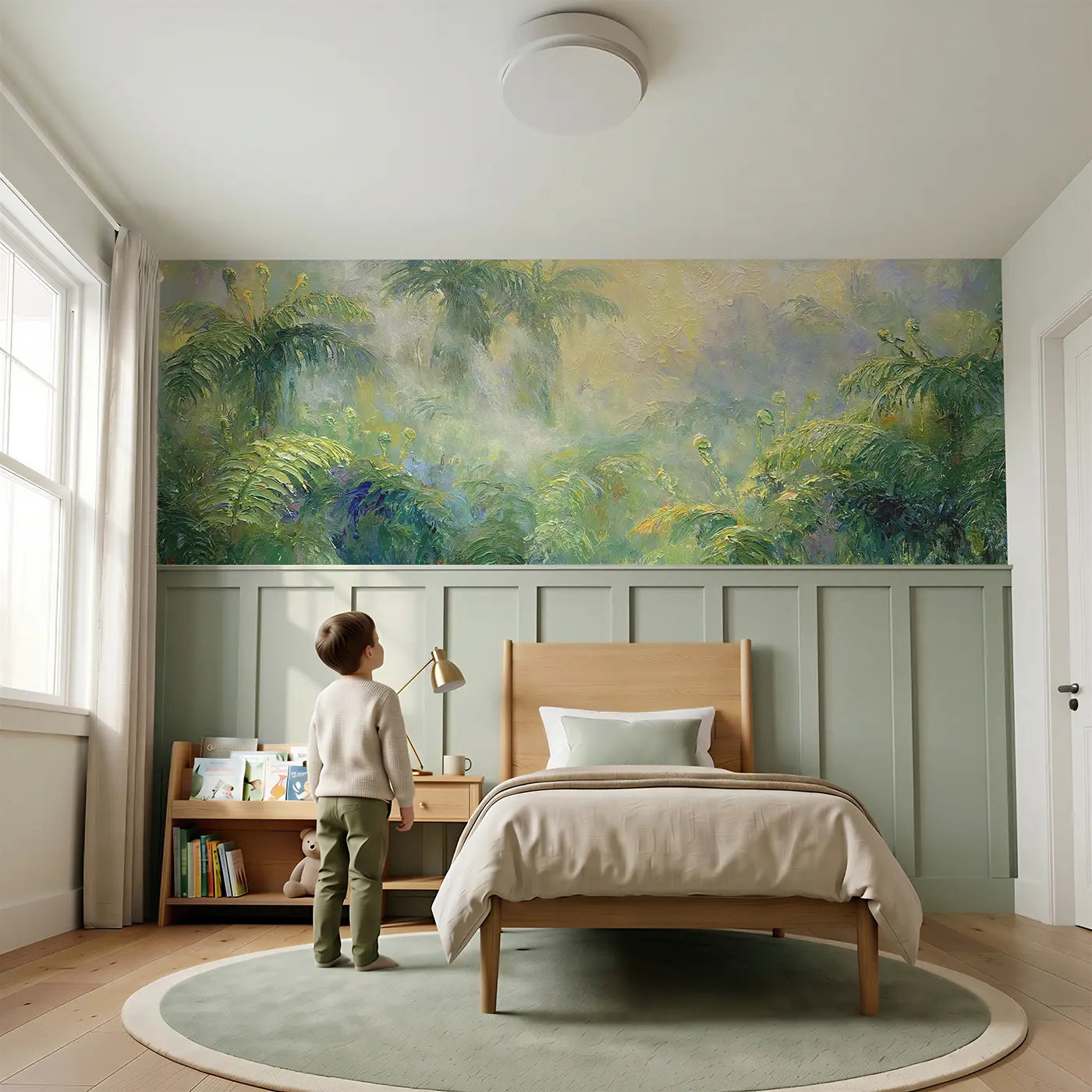Child reading near Fern Valley Morning Oil Wainscoting Wallpaper by Whimsy Tots