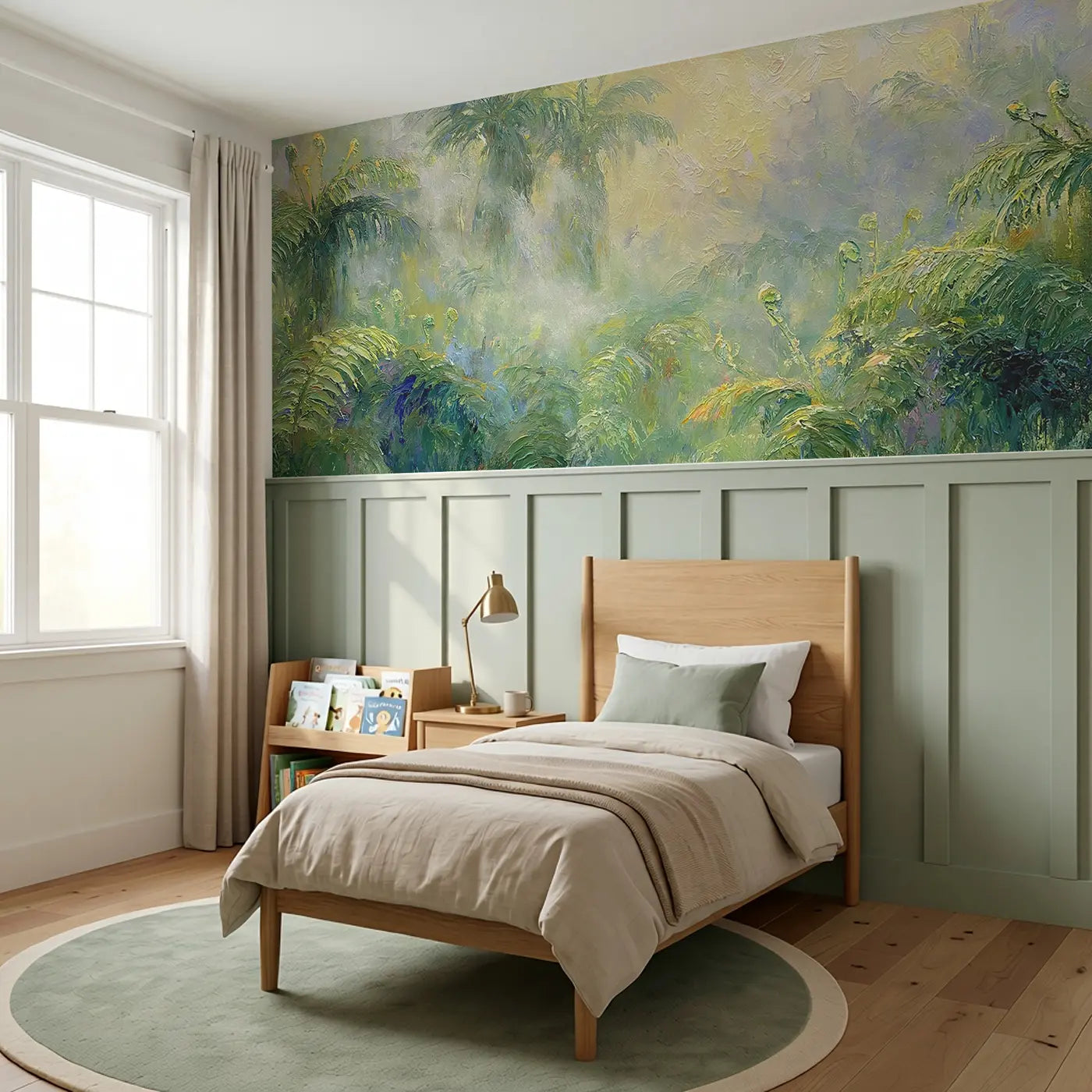 Fern Valley Morning Oil Wainscoting Wallpaper styled in a kids bedroom by Whimsy Tots