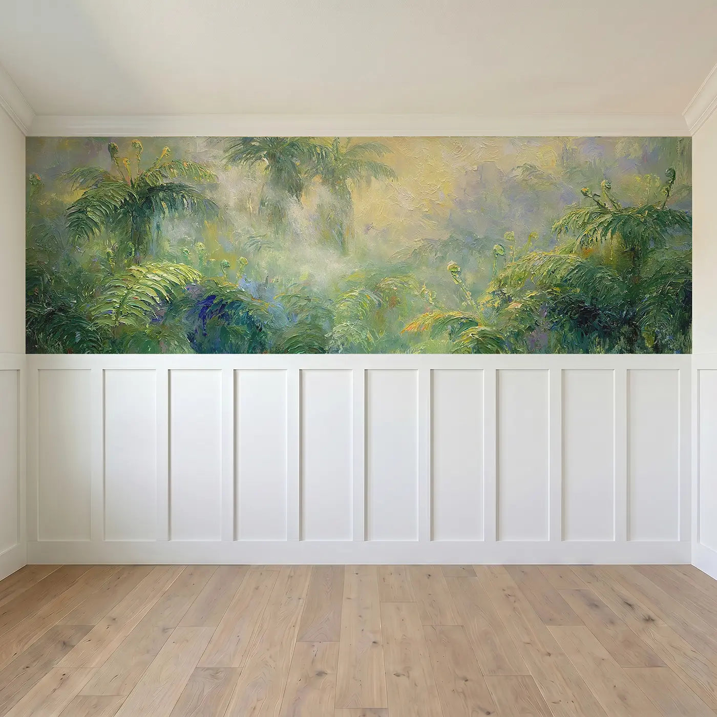 Full panel view of Fern Valley Morning Oil Wainscoting Wallpaper by Whimsy Tots