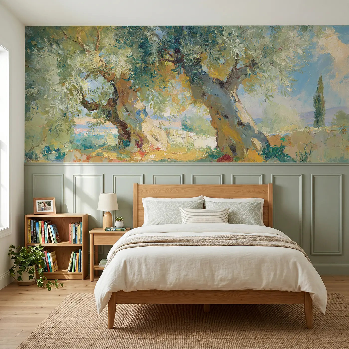 Painted Landscape olive grove mediterranean light wainscoting wallpaper for bedroom by Whimsy Tots