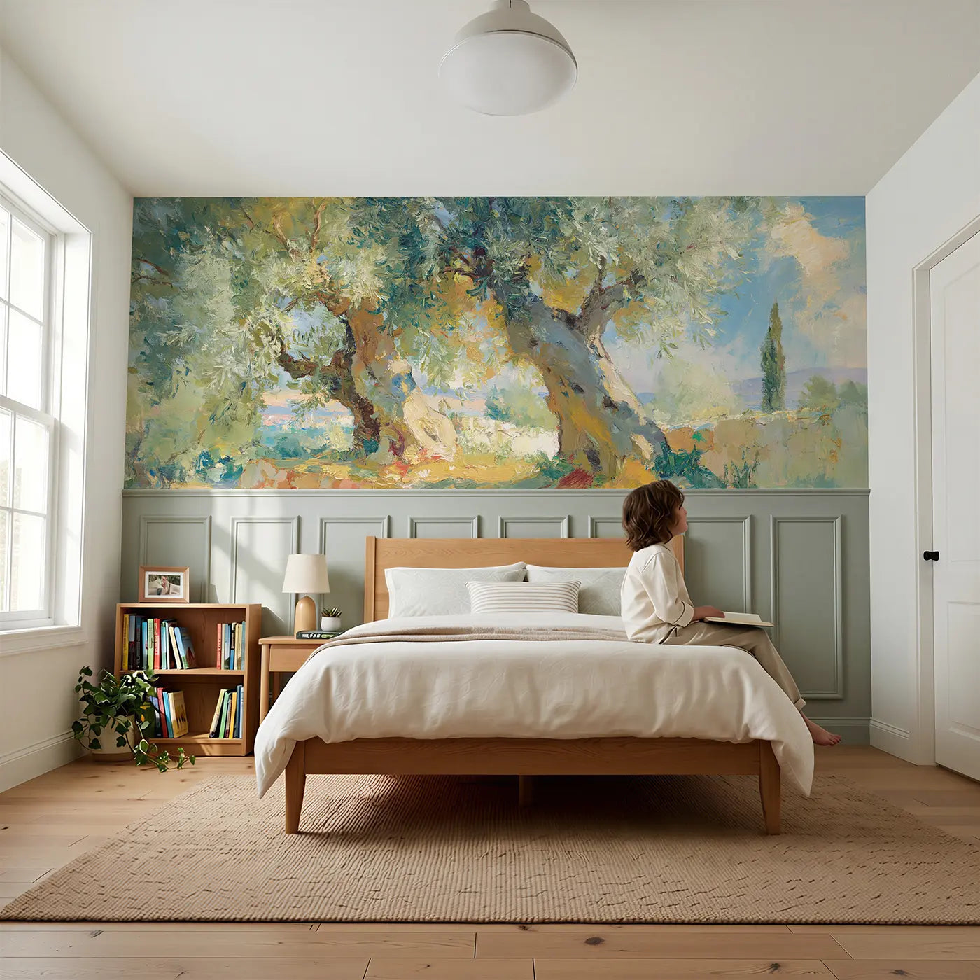 Child reading near Olive Grove Mediterranean Light Wainscoting Wallpaper by Whimsy Tots
