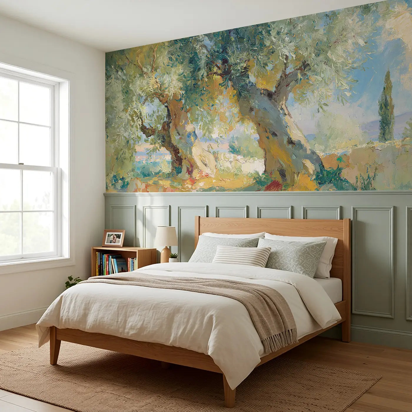 Olive Grove Mediterranean Light Wainscoting Wallpaper styled in a kids bedroom by Whimsy Tots
