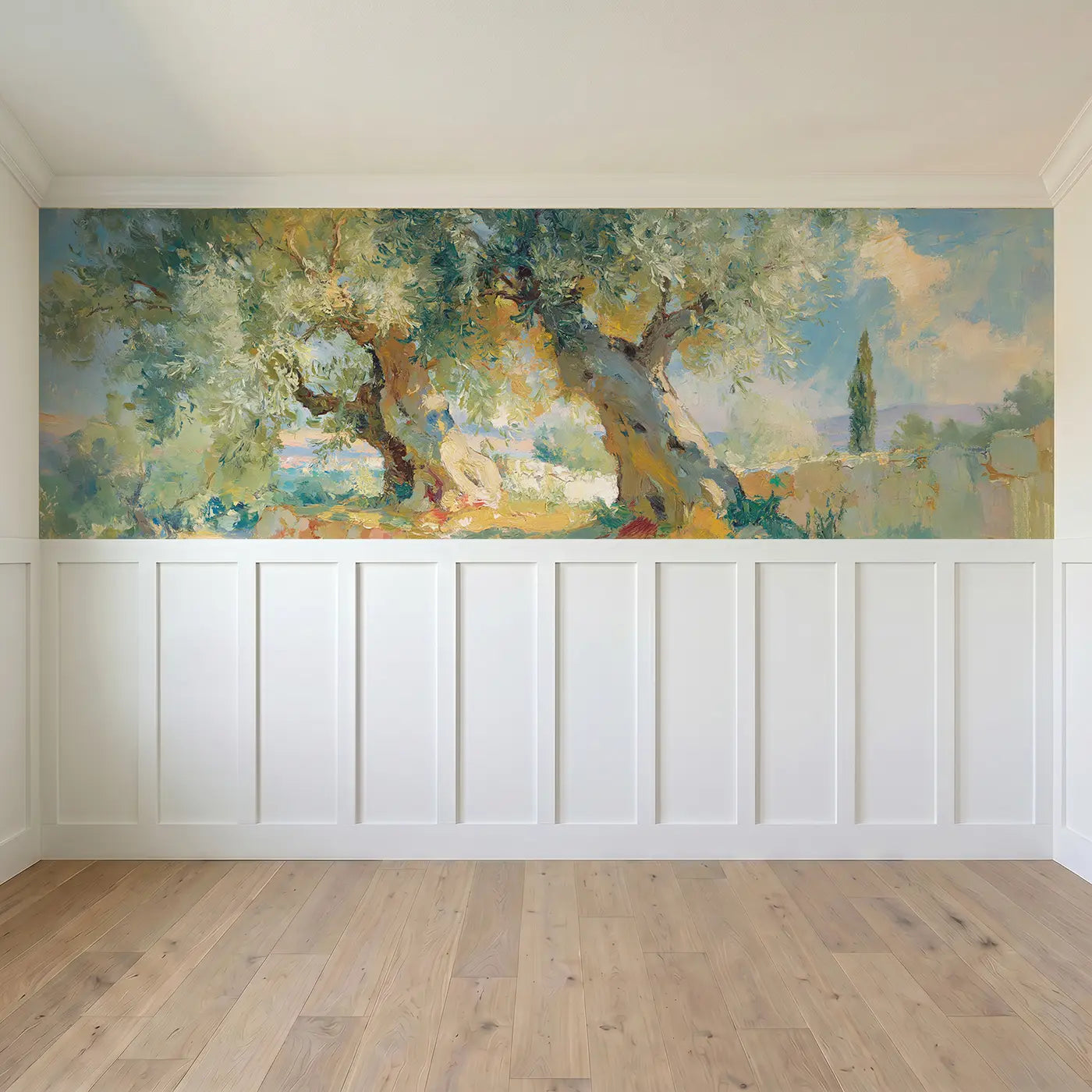 Full panel view of Olive Grove Mediterranean Light Wainscoting Wallpaper by Whimsy Tots