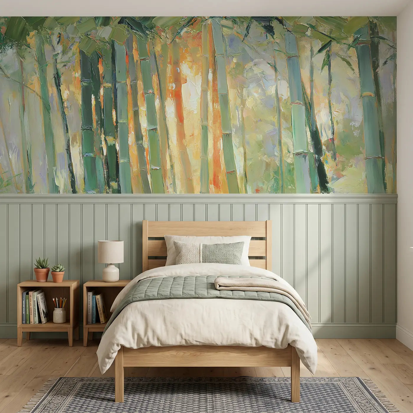 Painted Landscape bamboo forest zen green wainscoting wallpaper for bedroom by Whimsy Tots