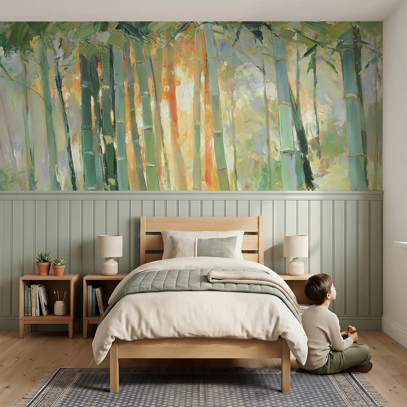 Child reading near Bamboo Forest Zen Green Wainscoting Wallpaper by Whimsy Tots