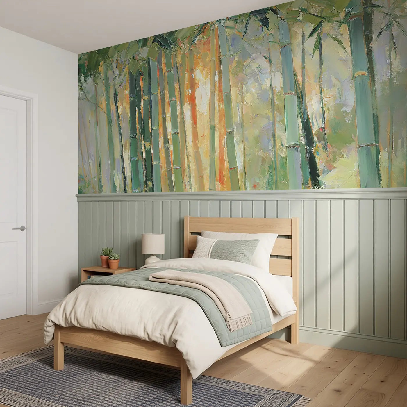 Bamboo Forest Zen Green Wainscoting Wallpaper styled in a kids bedroom by Whimsy Tots