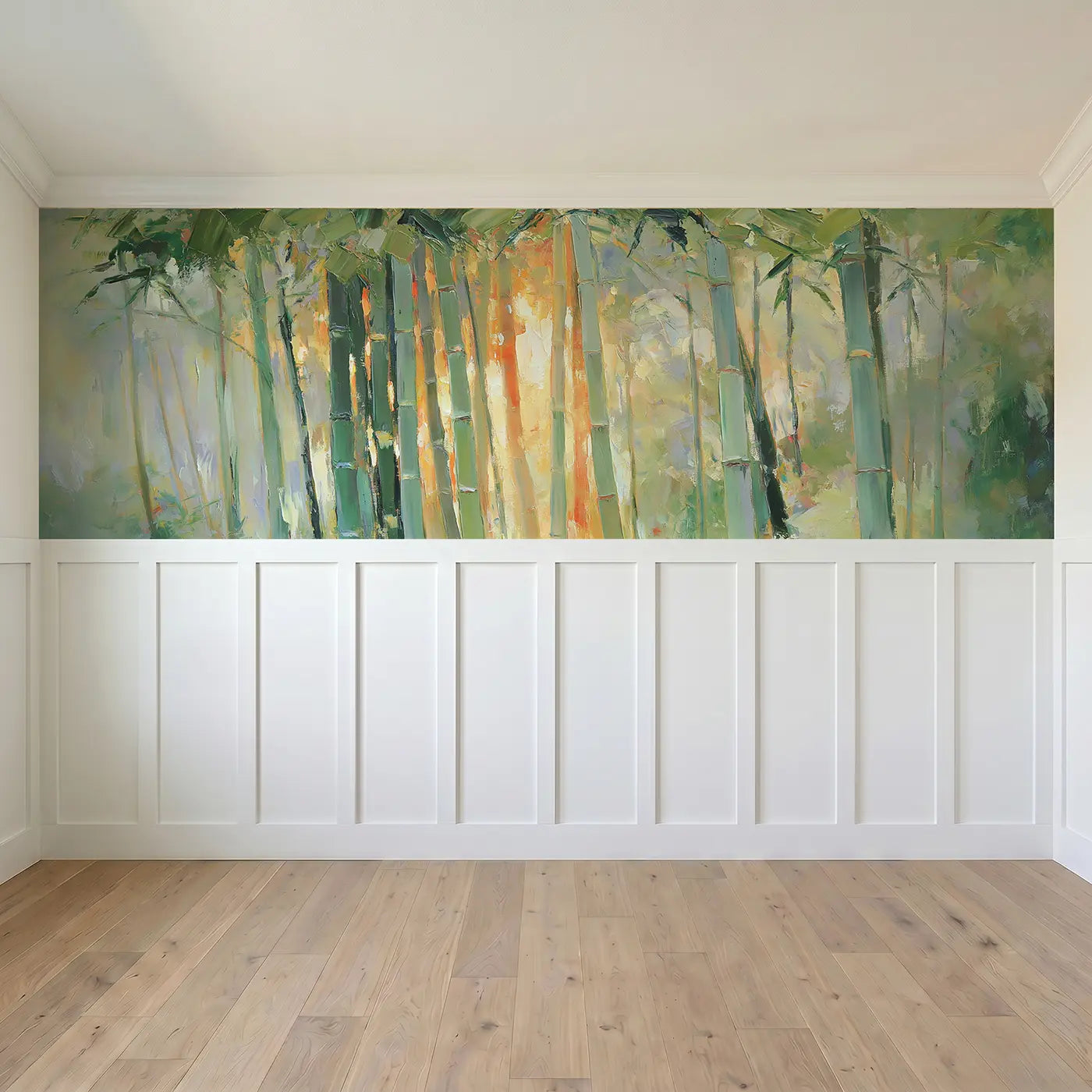 Full panel view of Bamboo Forest Zen Green Wainscoting Wallpaper by Whimsy Tots