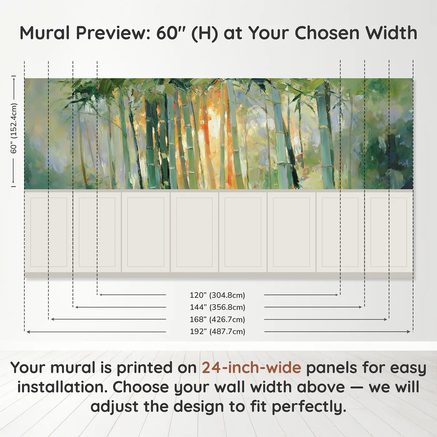 Panel dimensions for Bamboo Forest Zen Green Wainscoting Wallpaper by Whimsy Tots