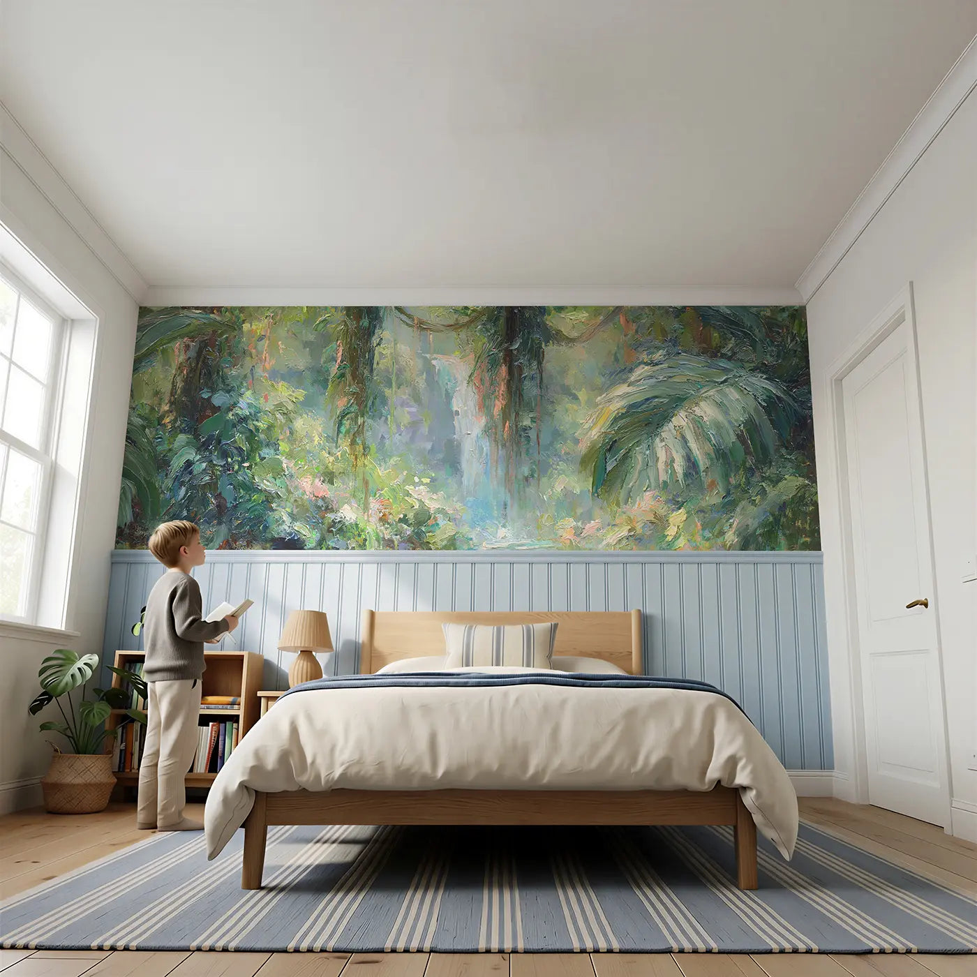 Child reading near Rainforest Vine Waterfall Wainscoting Wallpaper by Whimsy Tots
