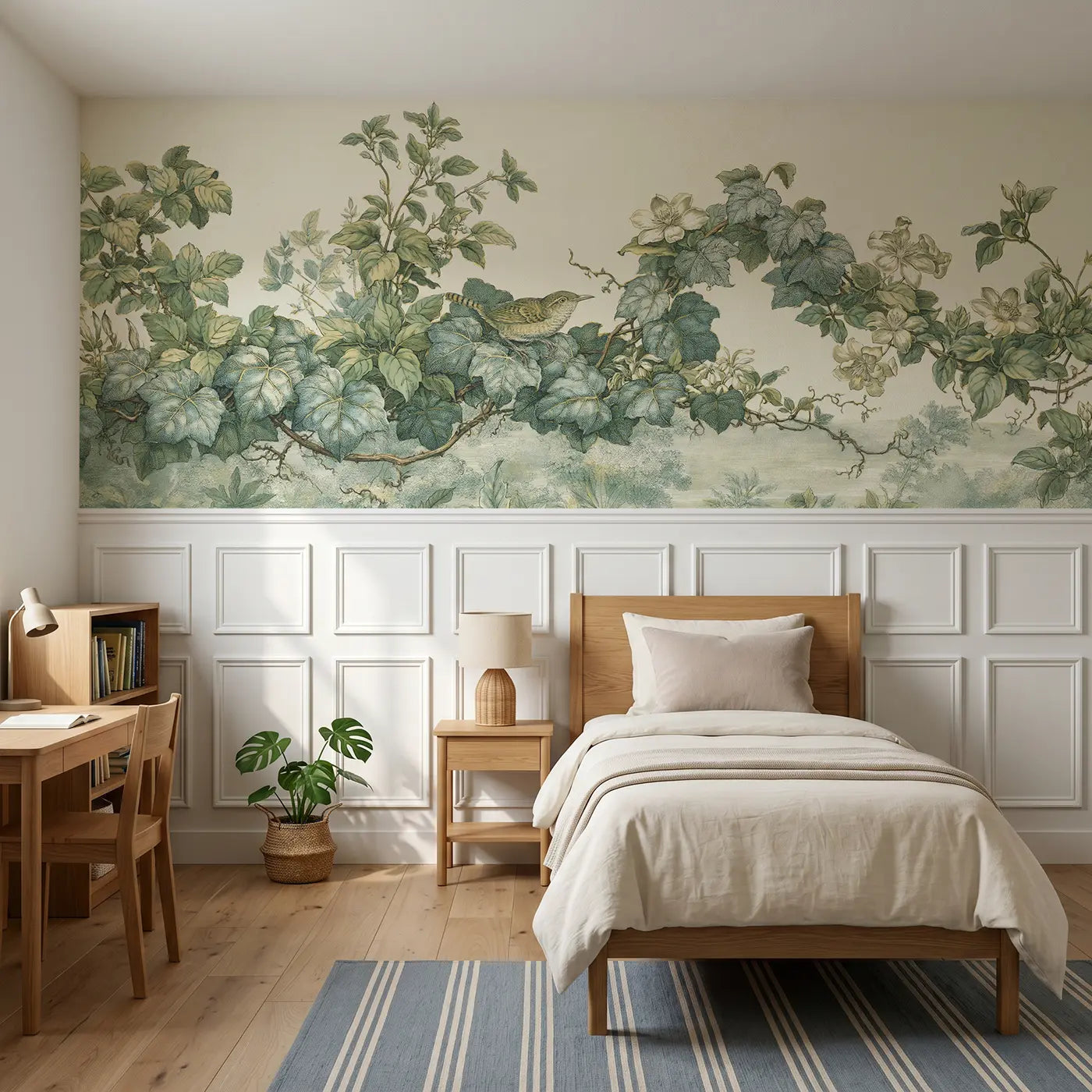 Botanical Elegance trailing vine study wainscoting wallpaper for bedroom by Whimsy Tots