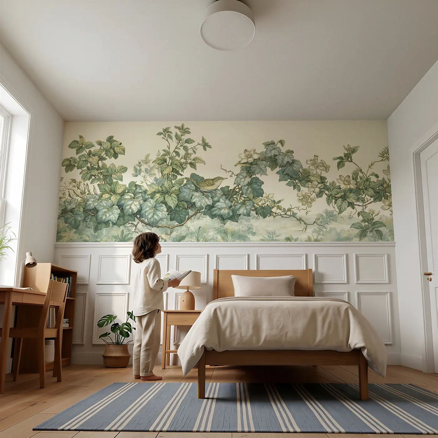 Child reading near Trailing Vine Botanical Study Wainscoting Wallpaper by Whimsy Tots