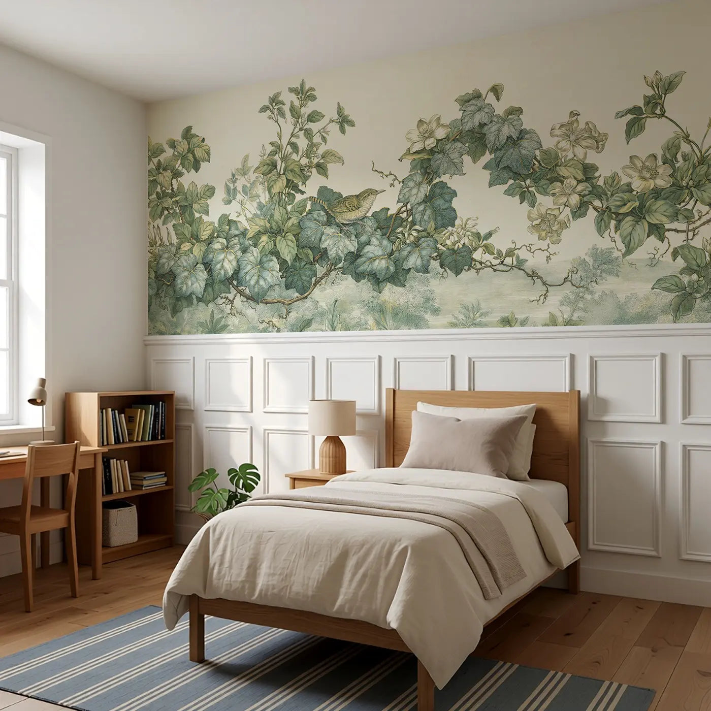 Trailing Vine Botanical Study Wainscoting Wallpaper styled in a kids bedroom by Whimsy Tots