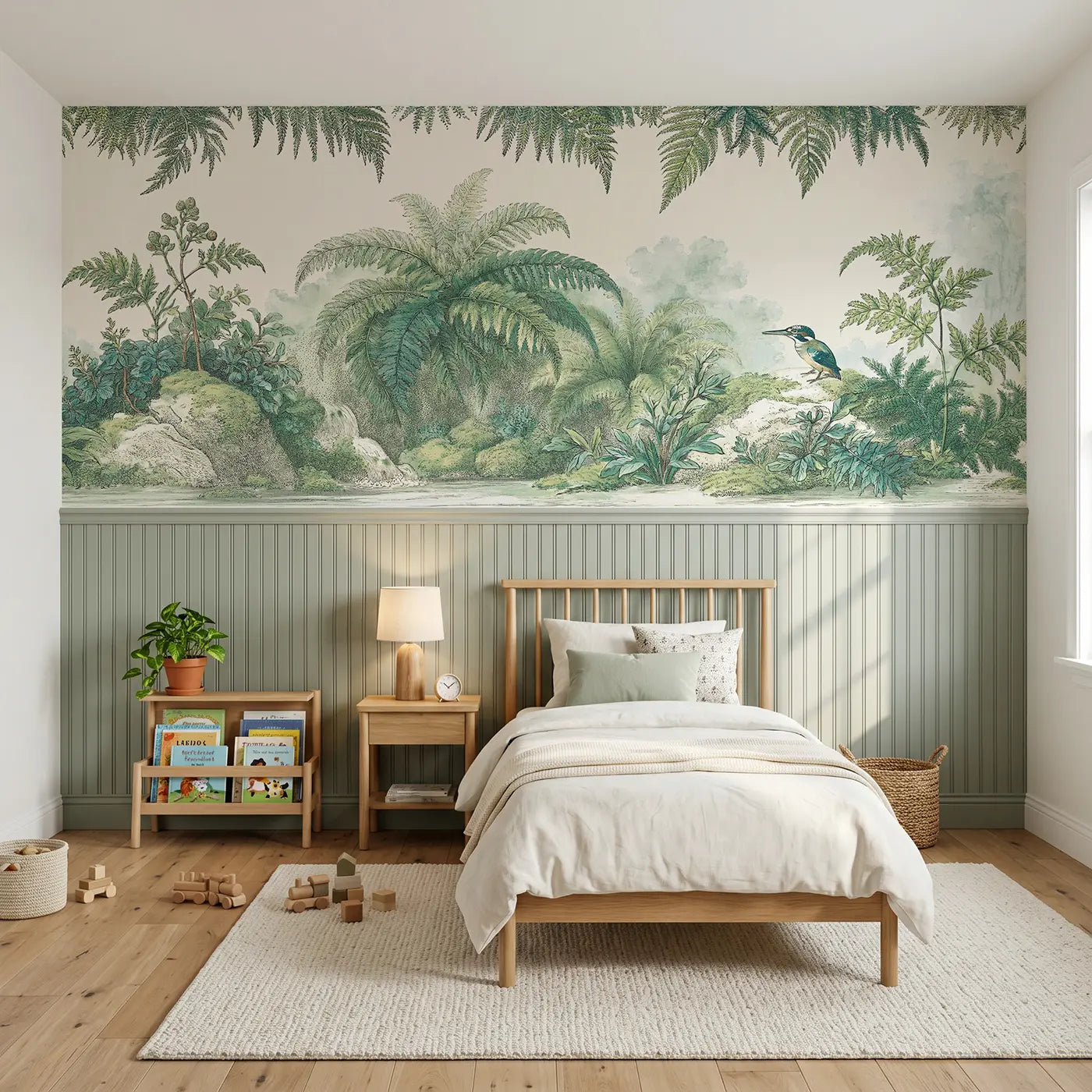 Botanical Elegance fern grotto chinoiserie wainscoting wallpaper for nursery by Whimsy Tots