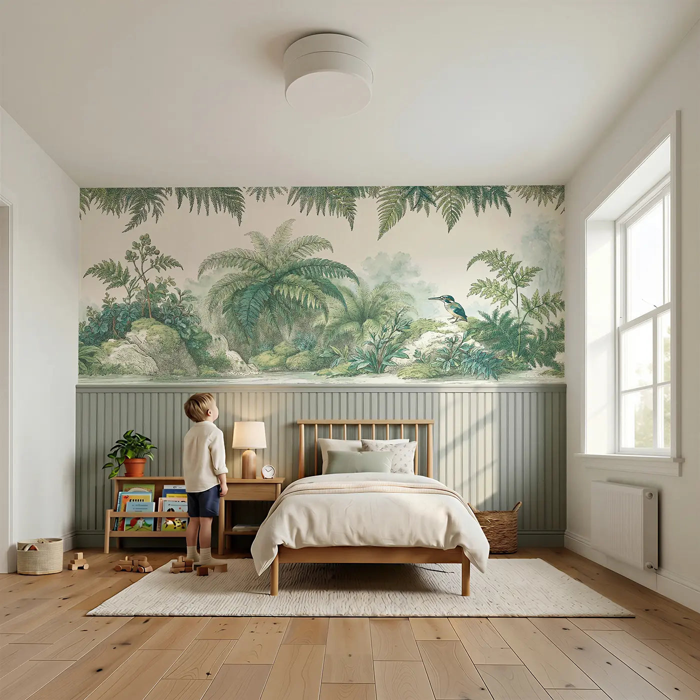 Child reading near Fern Grotto Chinoiserie Wainscoting Wallpaper by Whimsy Tots