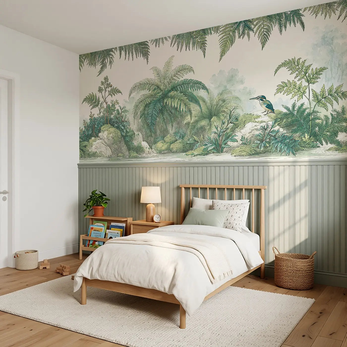 Fern Grotto Chinoiserie Wainscoting Wallpaper styled in a kids bedroom by Whimsy Tots