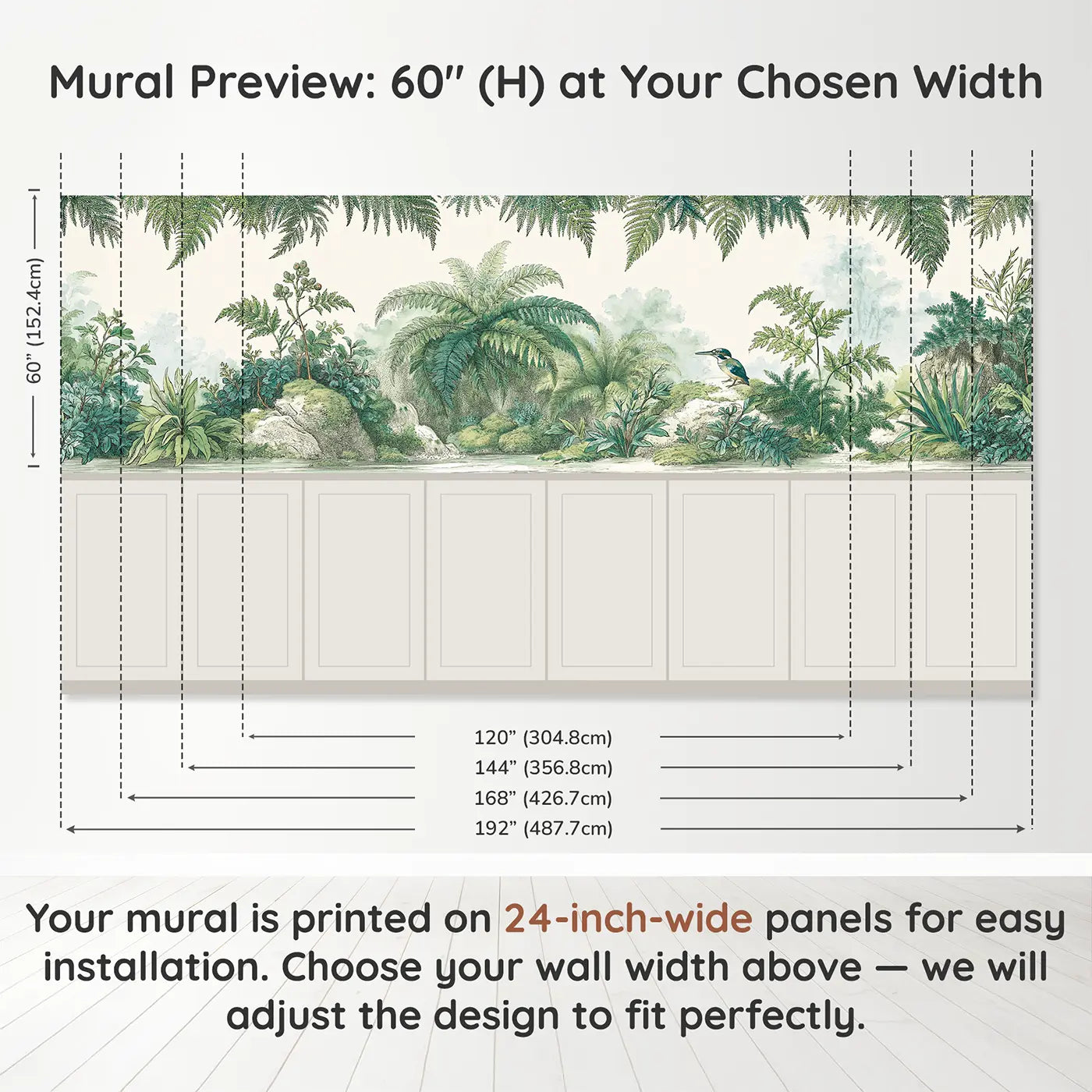 Panel dimensions for Fern Grotto Chinoiserie Wainscoting Wallpaper by Whimsy Tots
