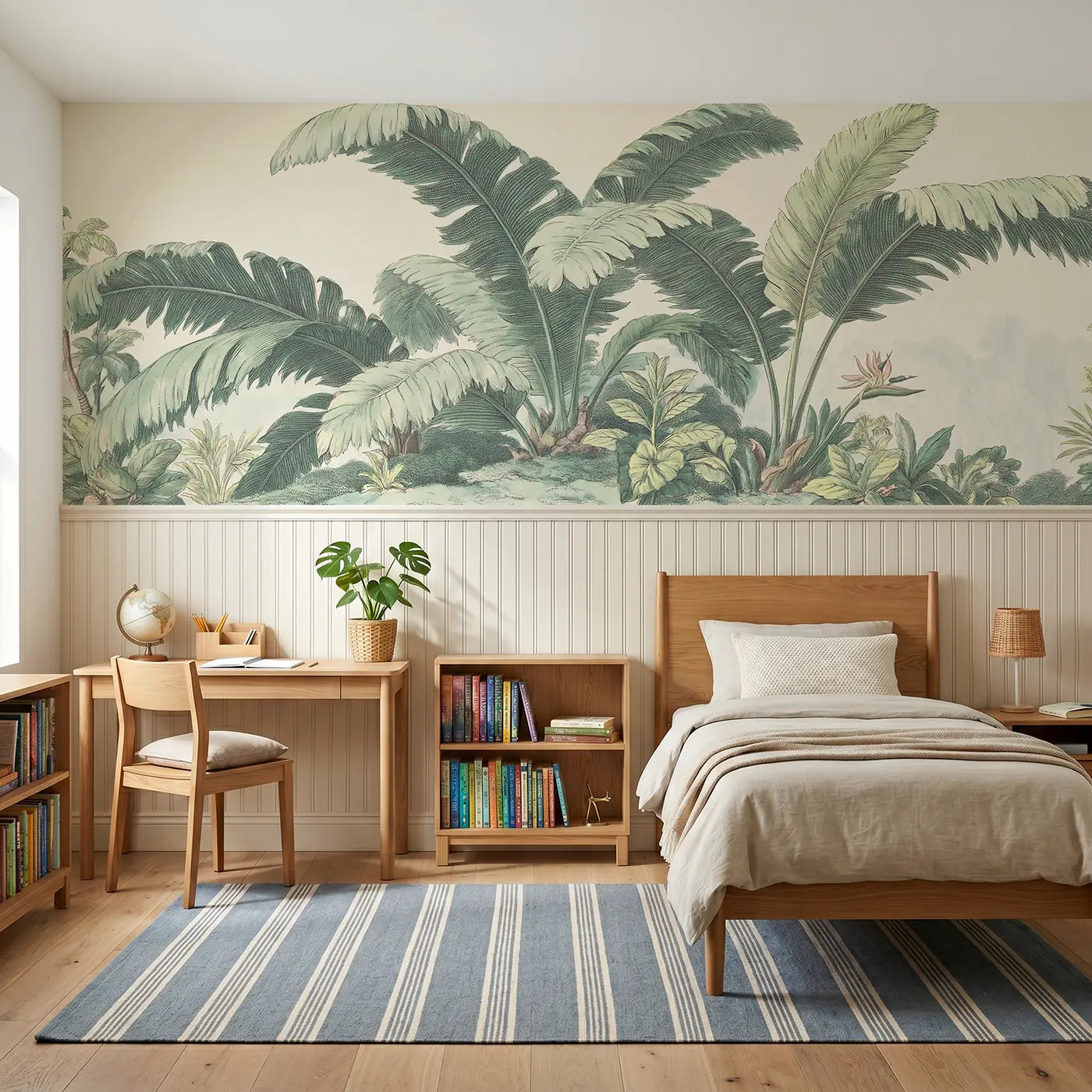 Botanical Elegance palm frond tropical wainscoting wallpaper for bedroom by Whimsy Tots