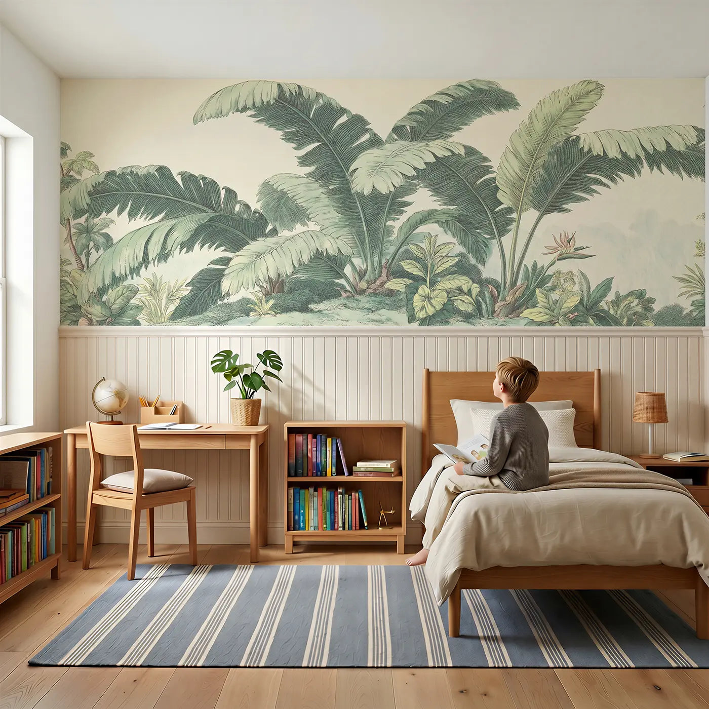 Child reading near Palm Frond Tropical Elegance Wainscoting Wallpaper by Whimsy Tots
