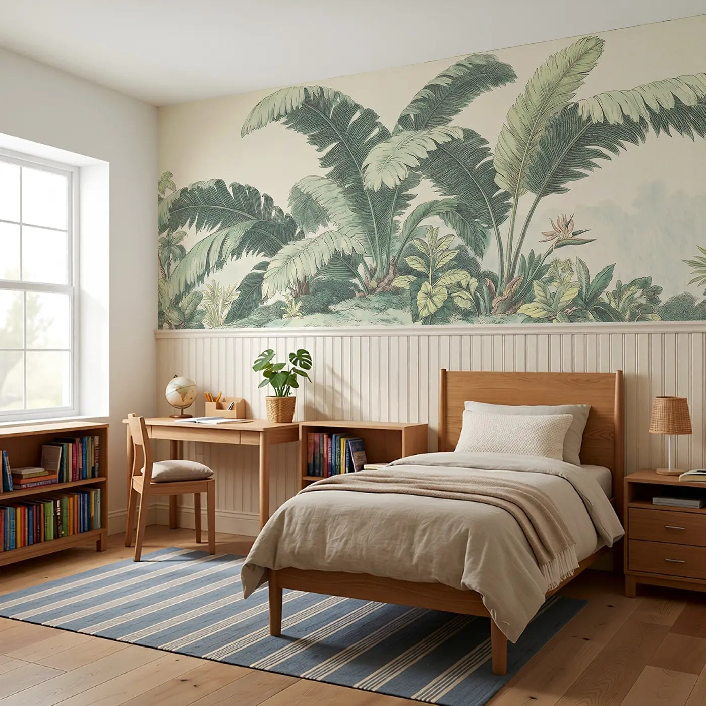 Palm Frond Tropical Elegance Wainscoting Wallpaper styled in a kids bedroom by Whimsy Tots