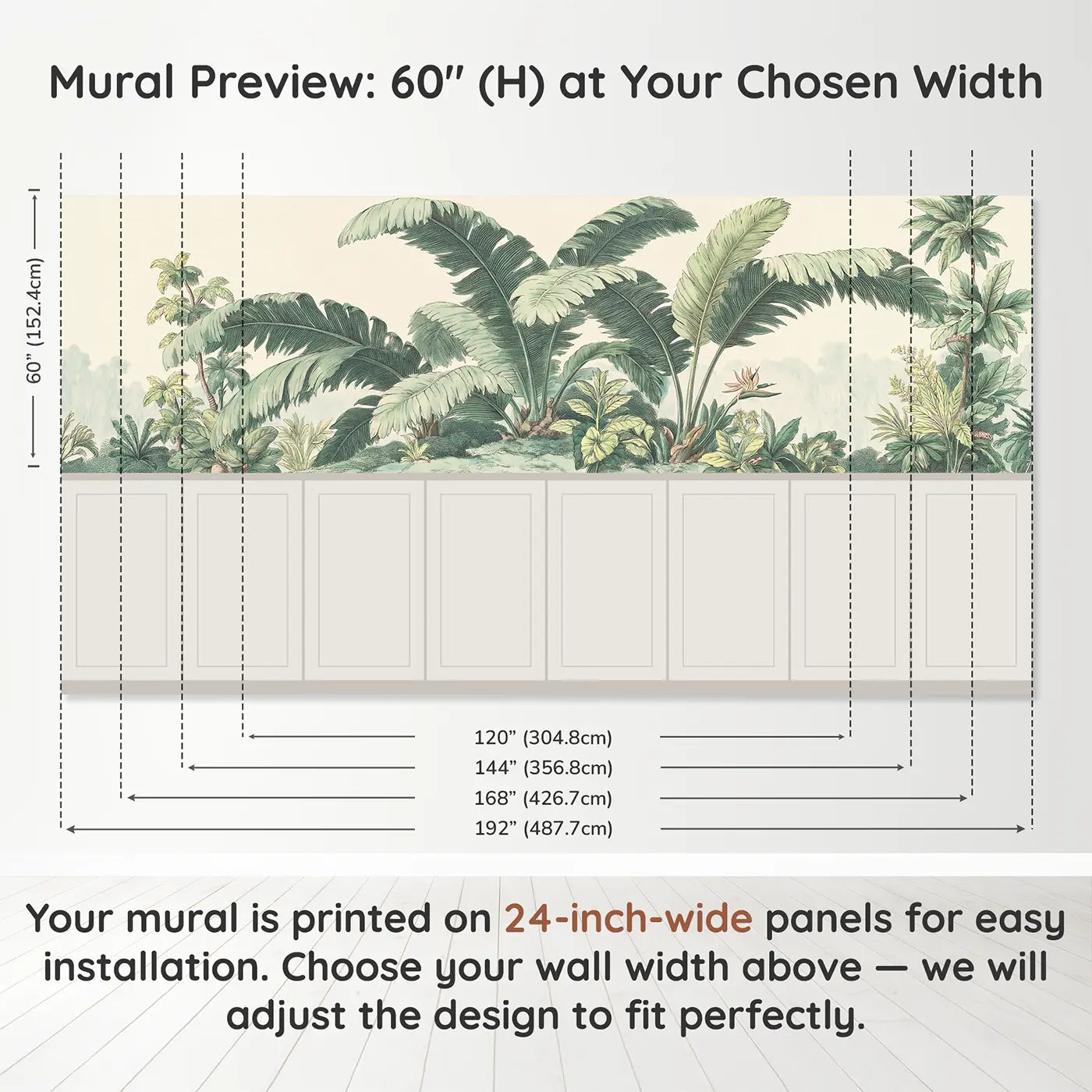 Panel dimensions for Palm Frond Tropical Elegance Wainscoting Wallpaper by Whimsy Tots