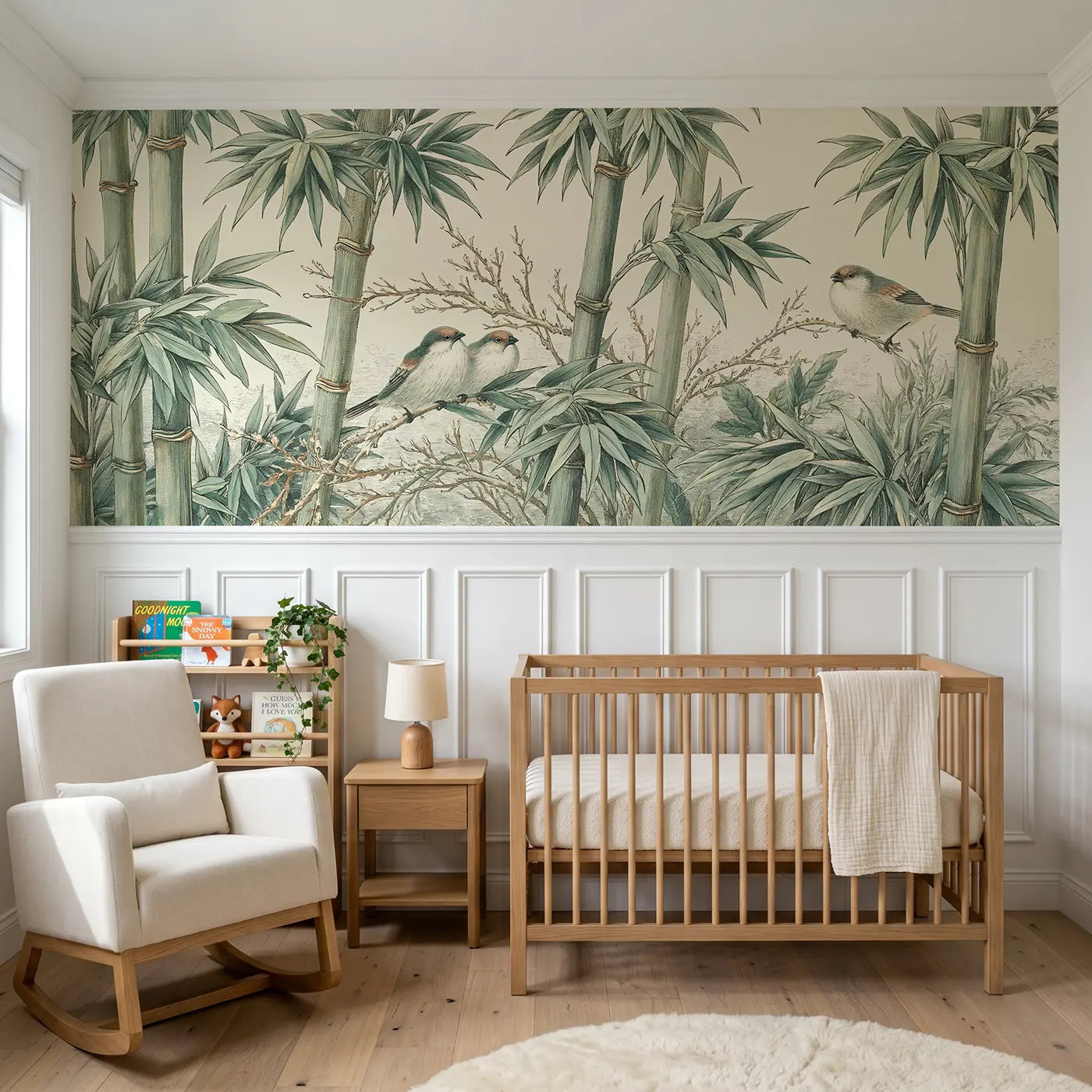Botanical Elegance bamboo and bird chinoiserie wainscoting wallpaper for nursery by Whimsy Tots
