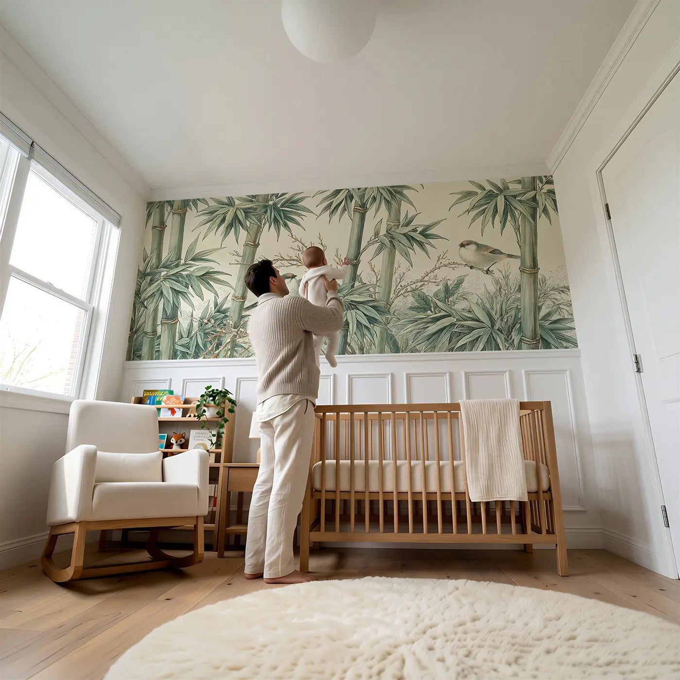 Child reading near Bamboo and Bird Chinoiserie Wainscoting Wallpaper by Whimsy Tots