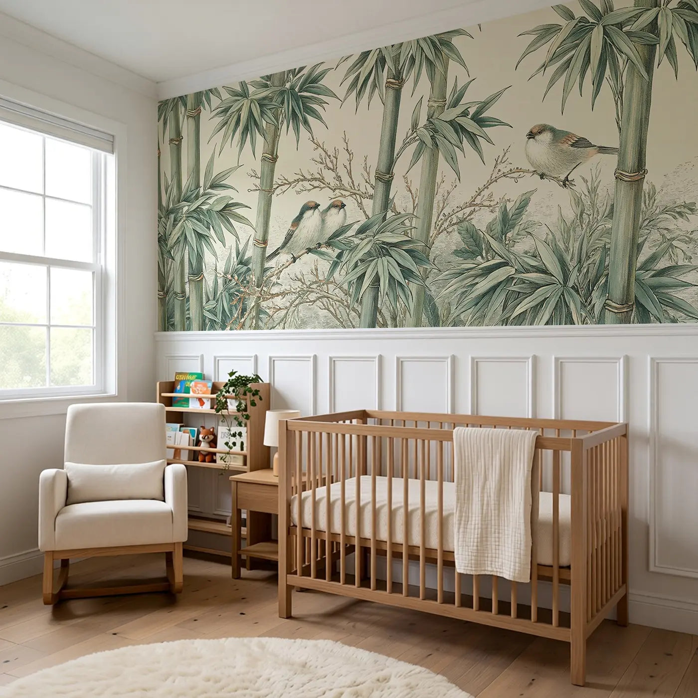Bamboo and Bird Chinoiserie Wainscoting Wallpaper styled in a kids bedroom by Whimsy Tots