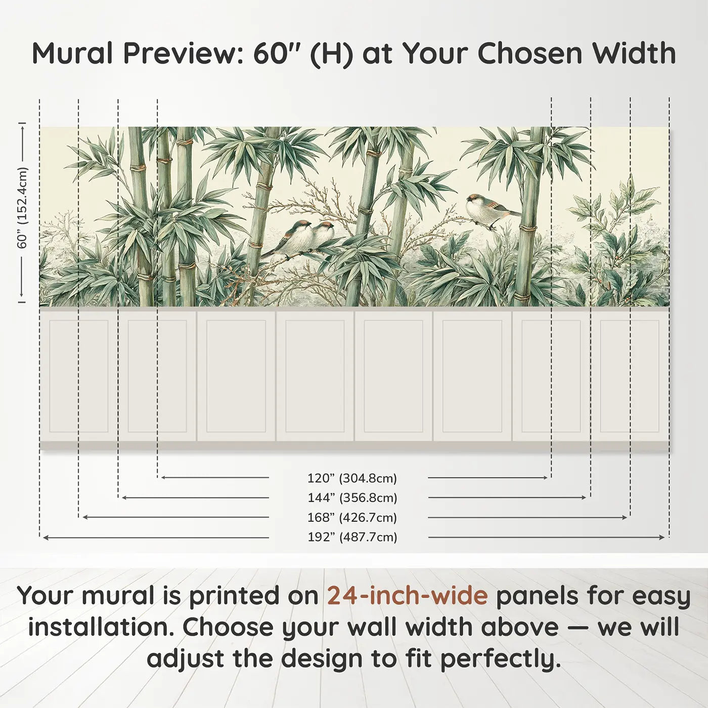 Panel dimensions for Bamboo and Bird Chinoiserie Wainscoting Wallpaper by Whimsy Tots