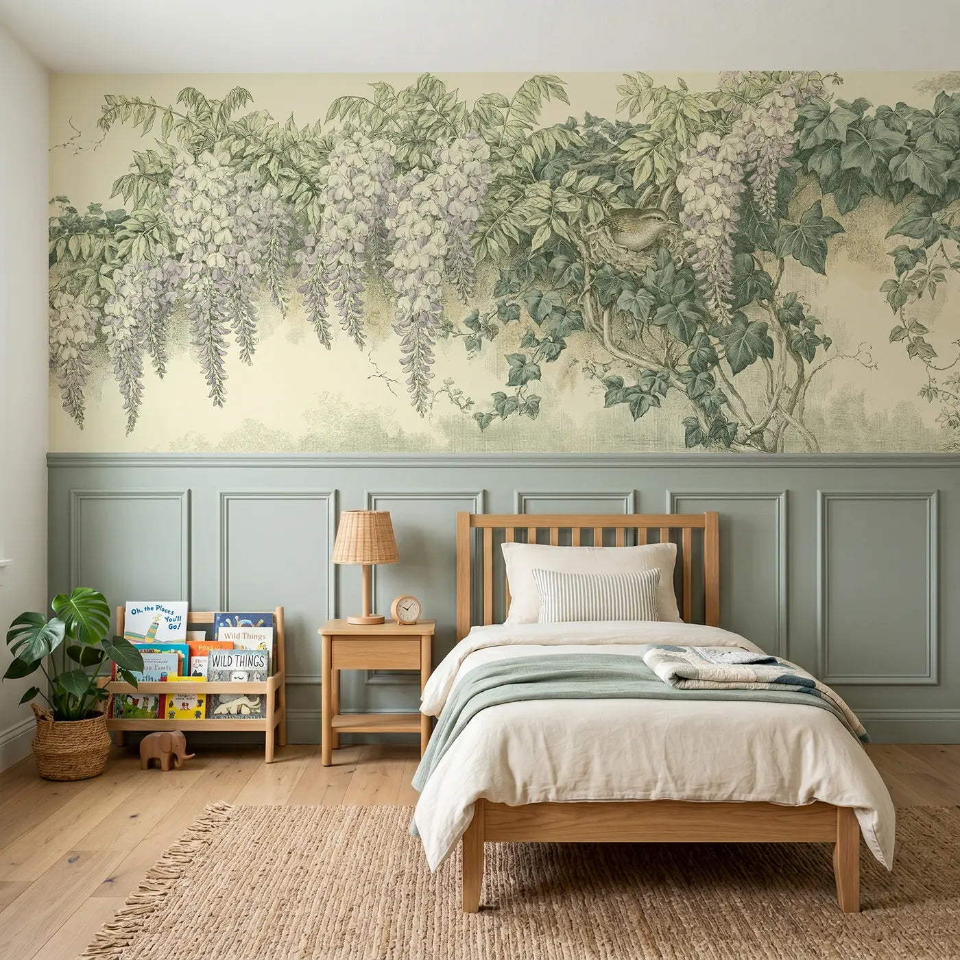 Botanical Elegance wisteria and ivy wall toile wainscoting wallpaper for nursery by Whimsy Tots