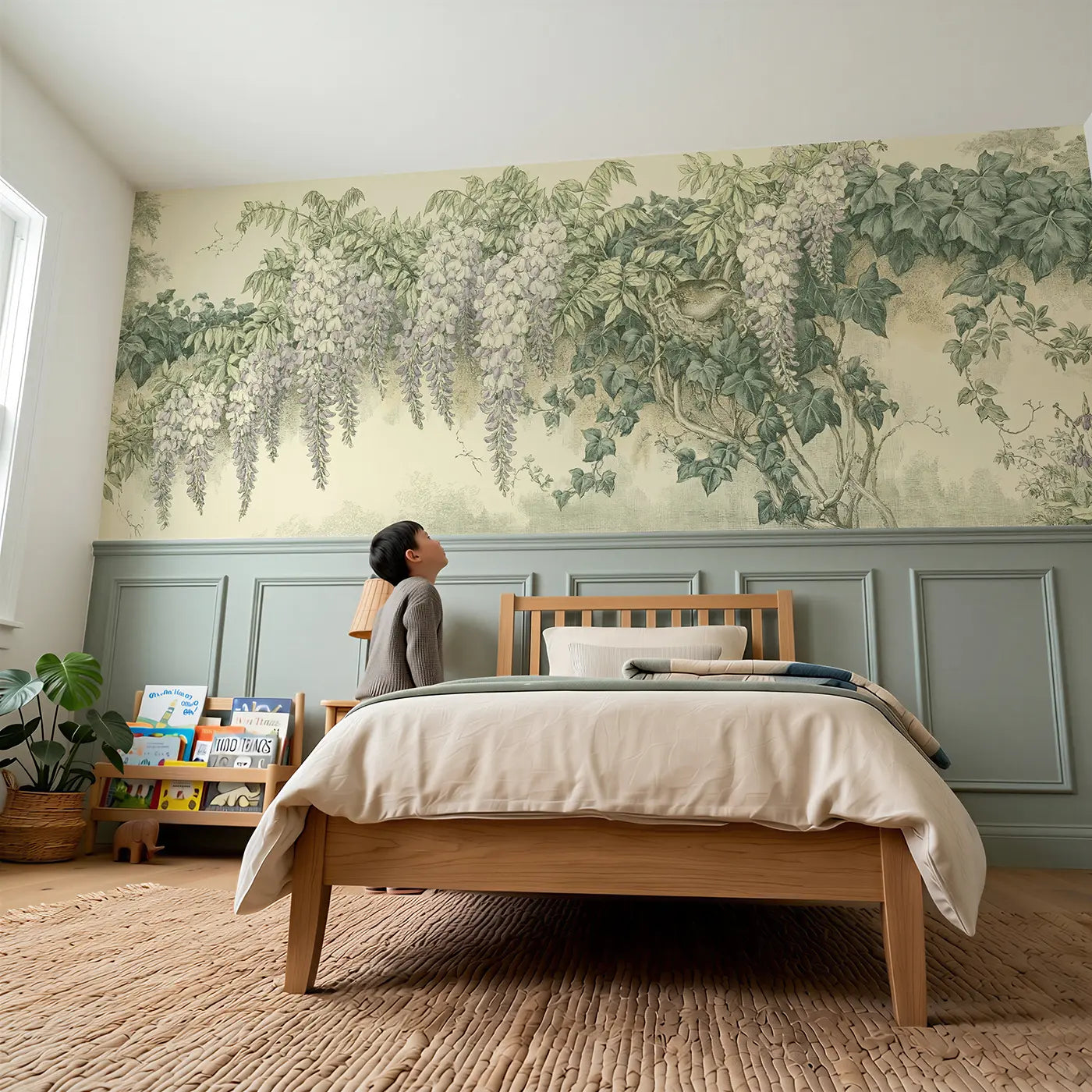 Child reading near Wisteria and Ivy Wall Toile Wainscoting Wallpaper by Whimsy Tots