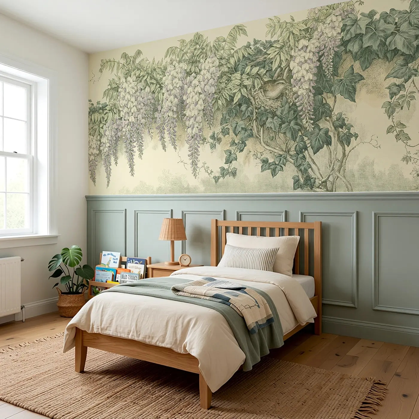 Wisteria and Ivy Wall Toile Wainscoting Wallpaper styled in a kids bedroom by Whimsy Tots