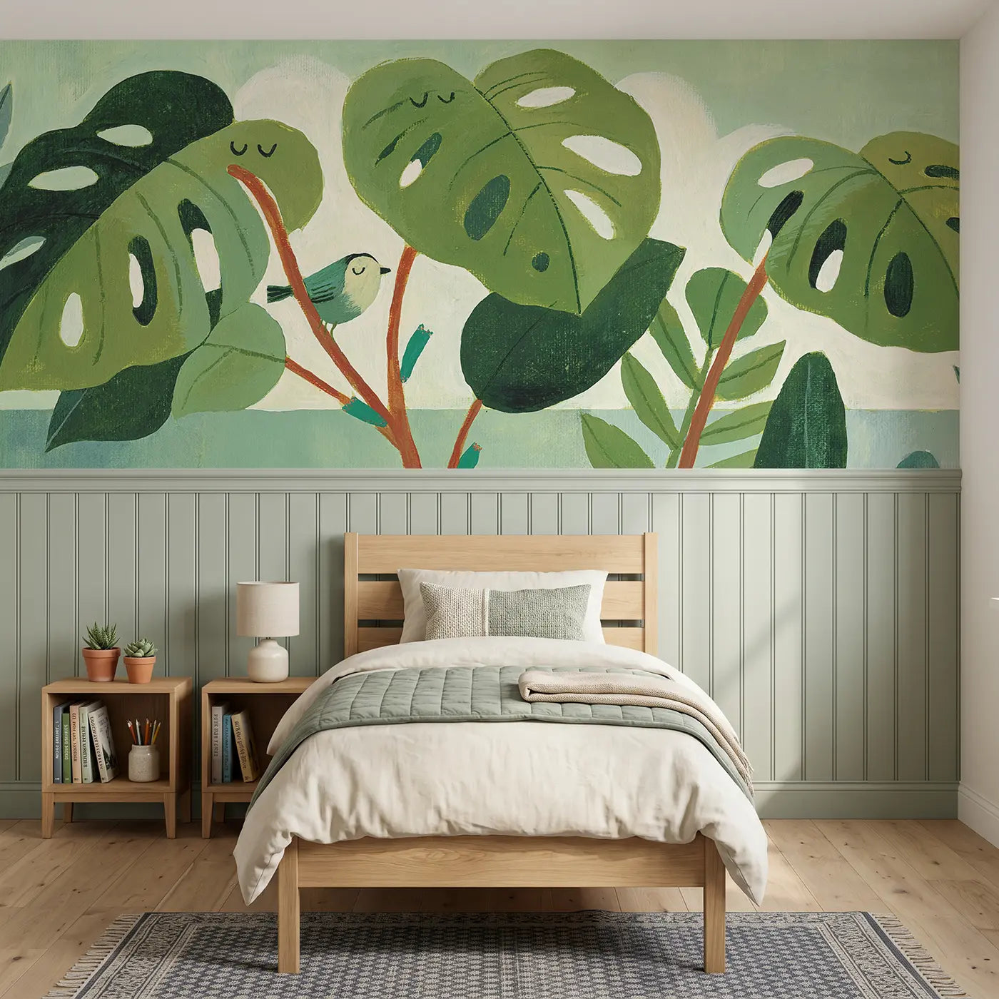 Modern Illustration graphic monstera leaf grid wainscoting wallpaper for bedroom by Whimsy Tots