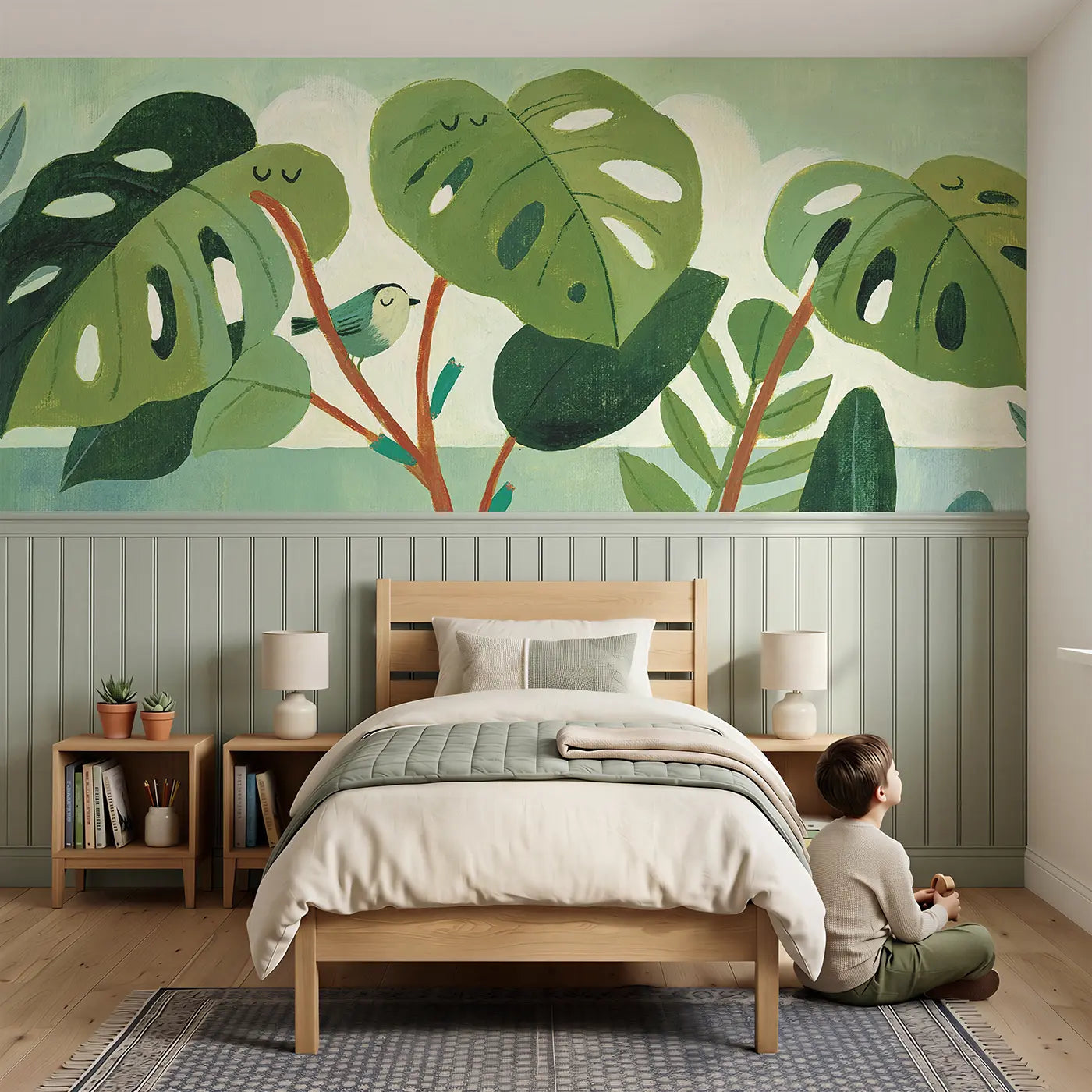 Child reading near Graphic Monstera Leaf Grid Wainscoting Wallpaper by Whimsy Tots