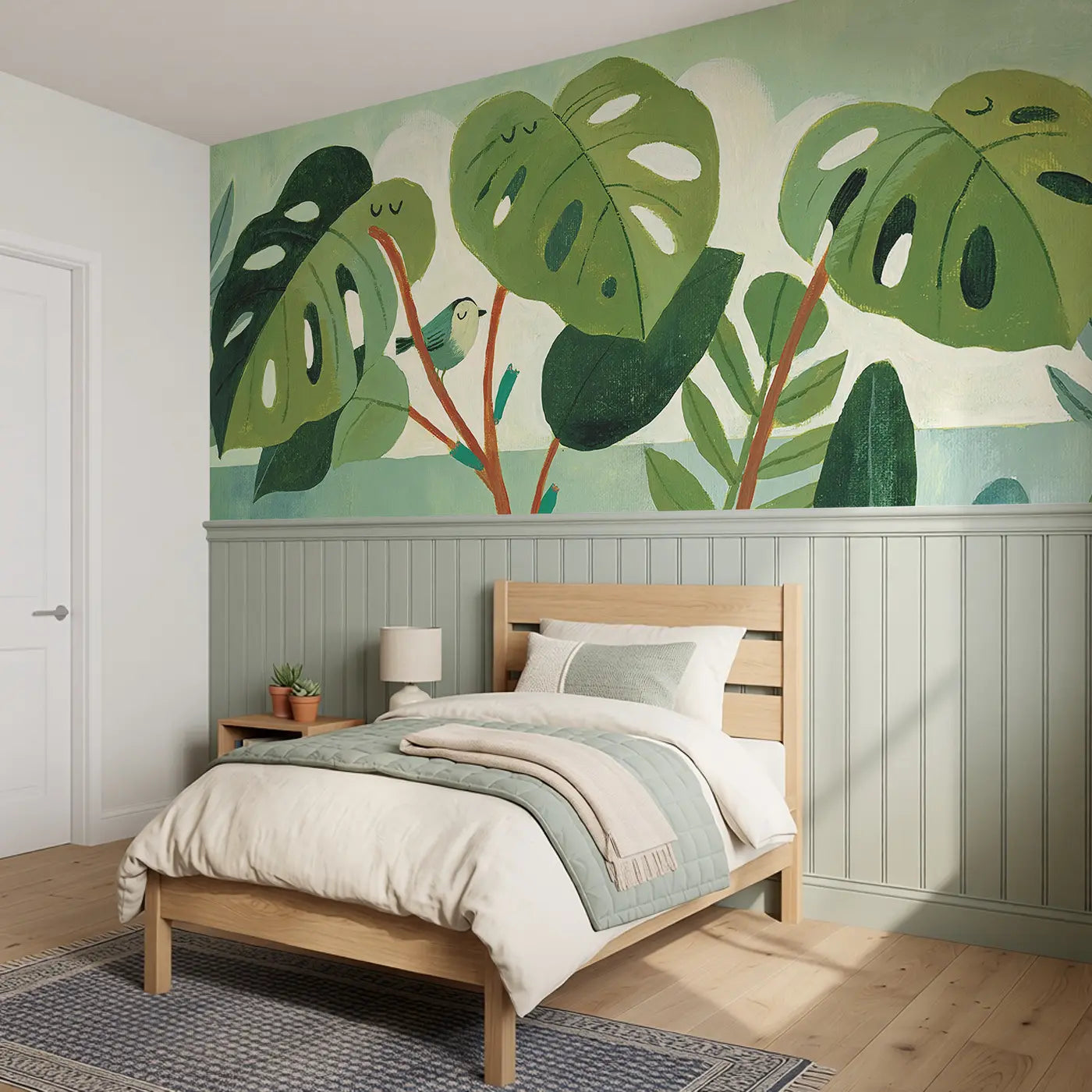 Graphic Monstera Leaf Grid Wainscoting Wallpaper styled in a kids bedroom by Whimsy Tots
