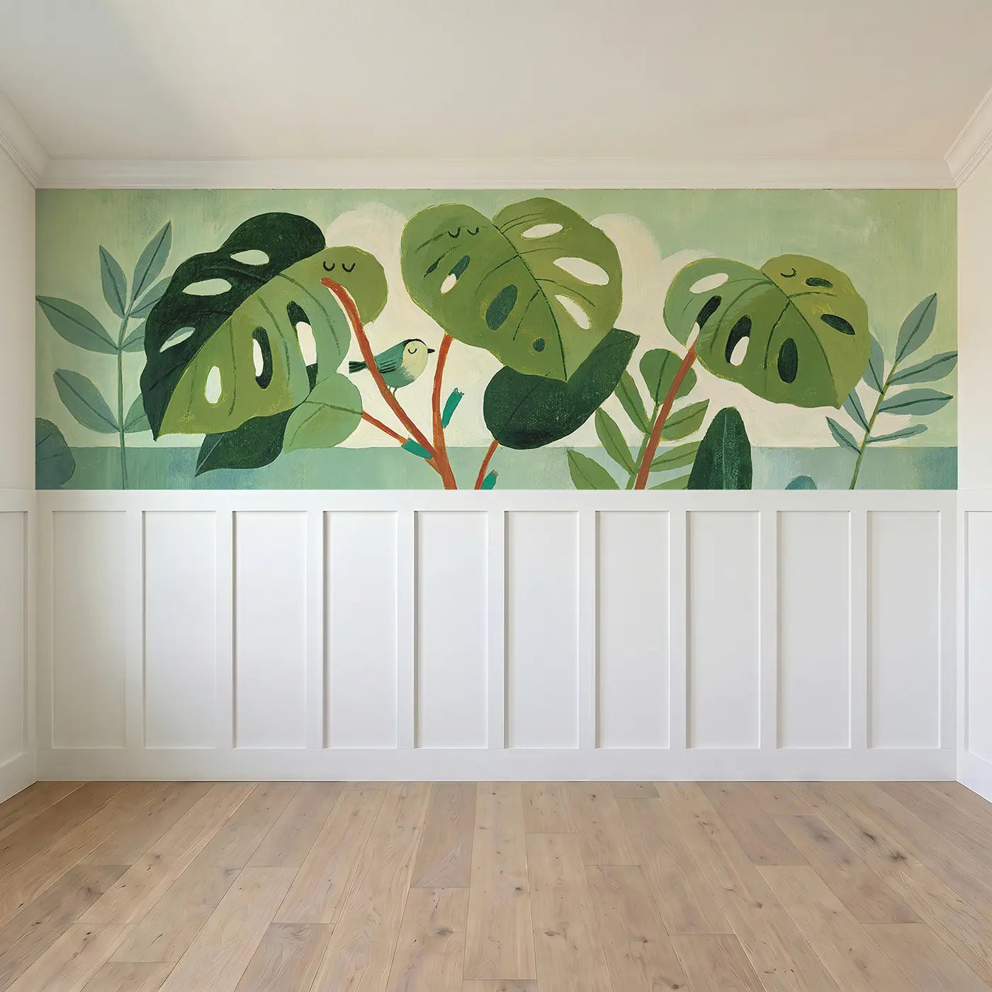 Full panel view of Graphic Monstera Leaf Grid Wainscoting Wallpaper by Whimsy Tots