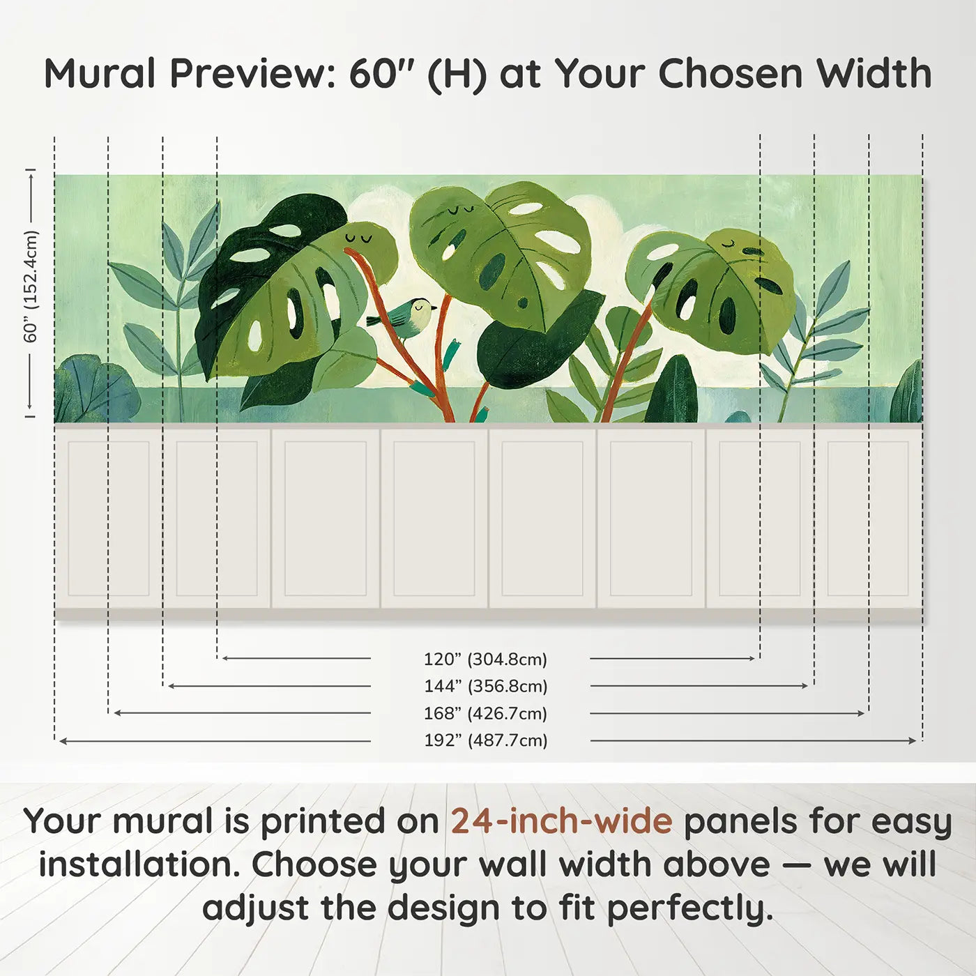 Panel dimensions for Graphic Monstera Leaf Grid Wainscoting Wallpaper by Whimsy Tots