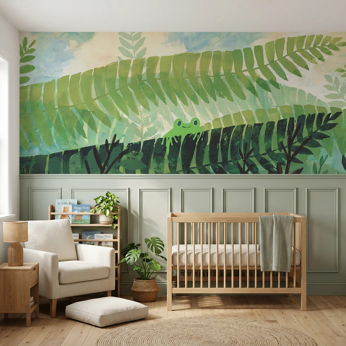 Modern Illustration flat fern forest layer wainscoting wallpaper for nursery by Whimsy Tots