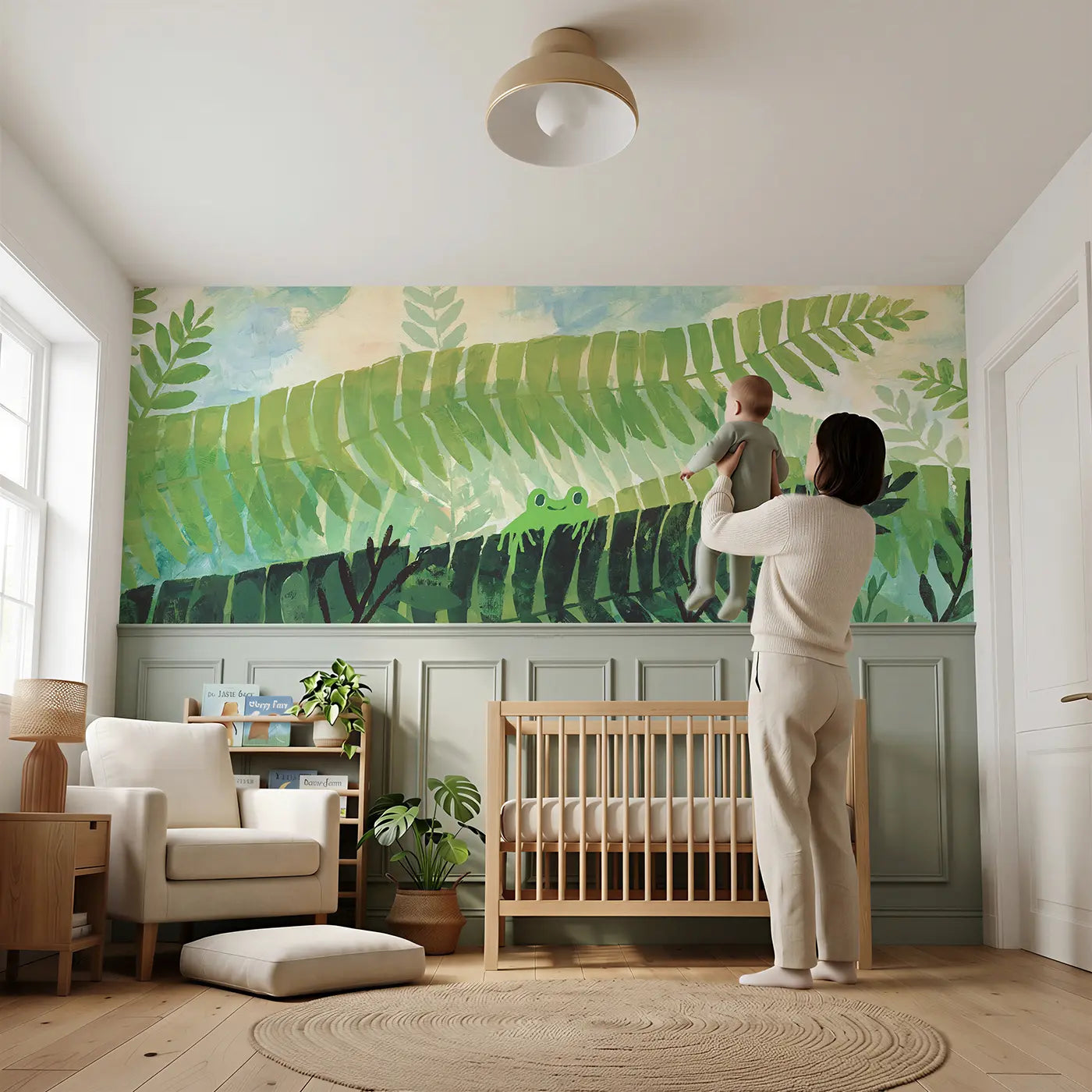 Child reading near Flat Fern Forest Layer Wainscoting Wallpaper by Whimsy Tots