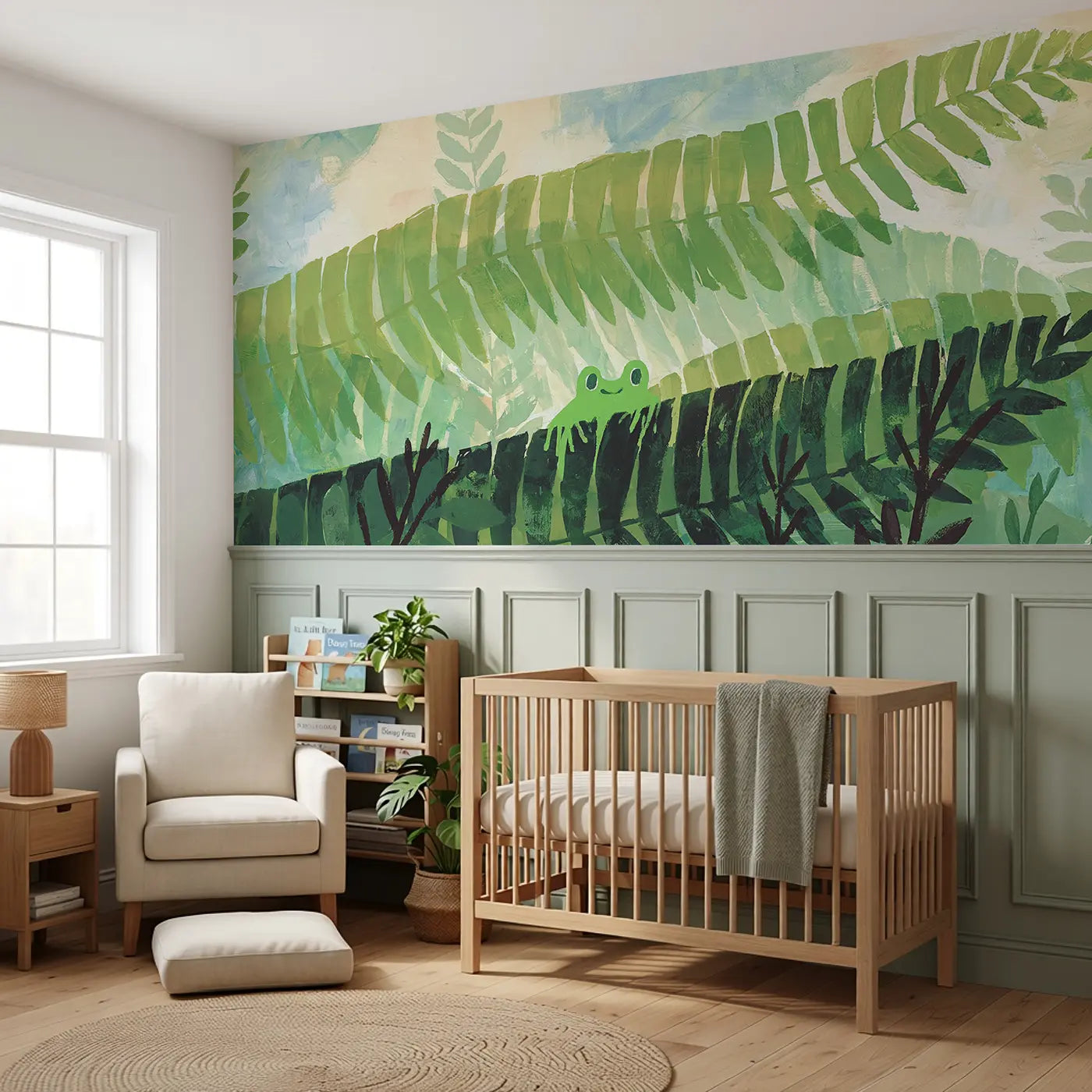 Flat Fern Forest Layer Wainscoting Wallpaper styled in a kids bedroom by Whimsy Tots