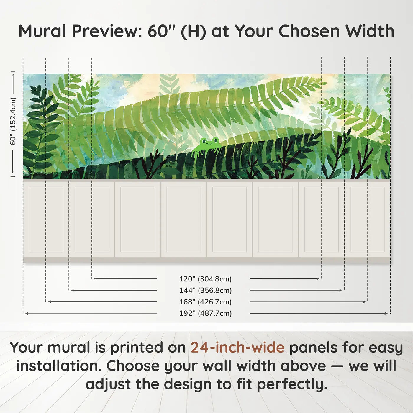 Panel dimensions for Flat Fern Forest Layer Wainscoting Wallpaper by Whimsy Tots