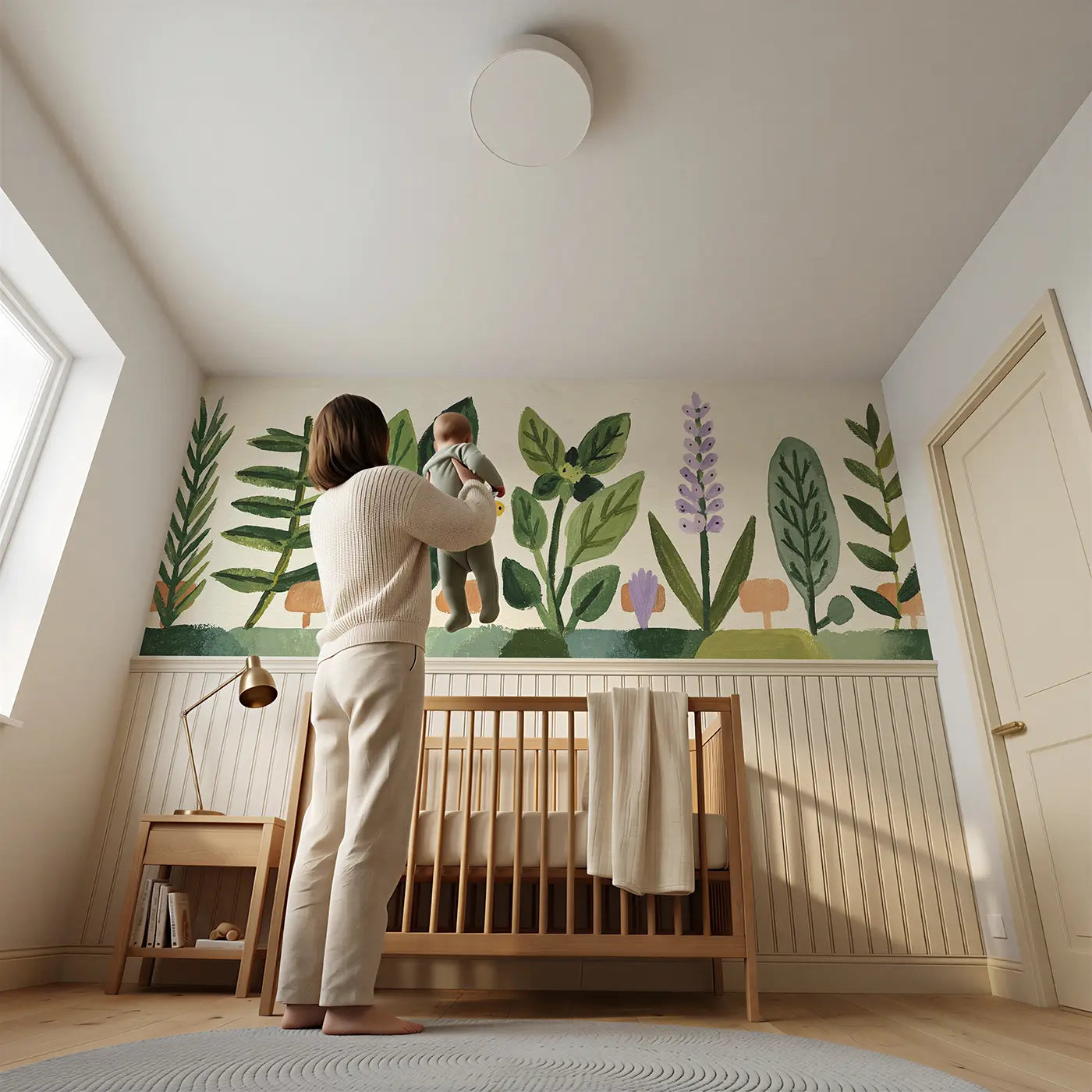 Child reading near Scandi Herb Garden Flat Wainscoting Wallpaper by Whimsy Tots