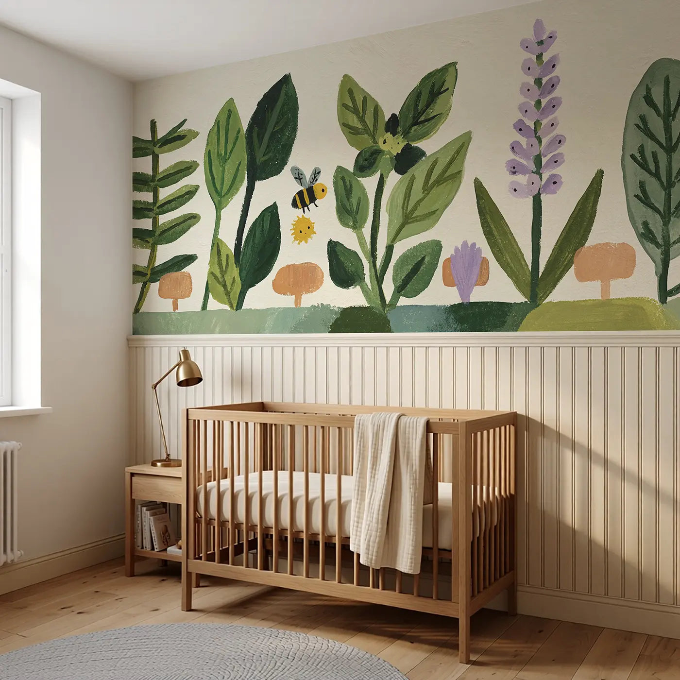 Scandi Herb Garden Flat Wainscoting Wallpaper styled in a kids bedroom by Whimsy Tots