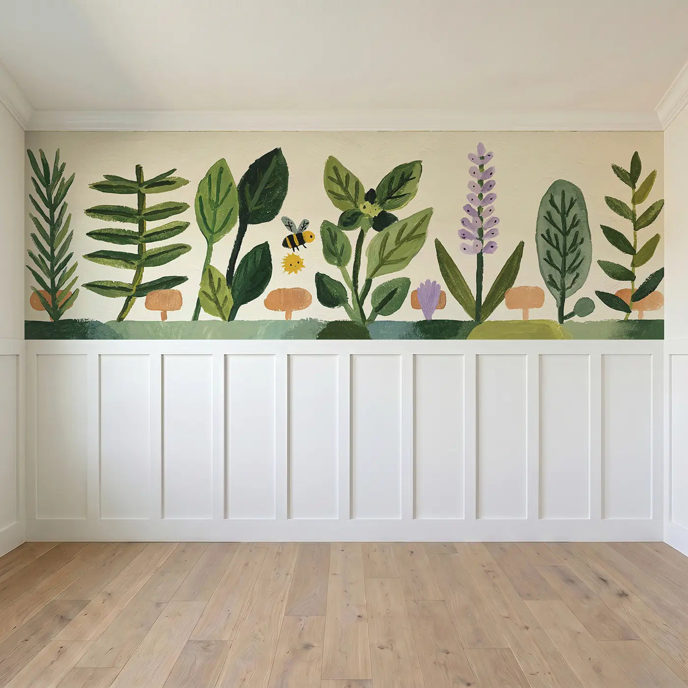 Full panel view of Scandi Herb Garden Flat Wainscoting Wallpaper by Whimsy Tots