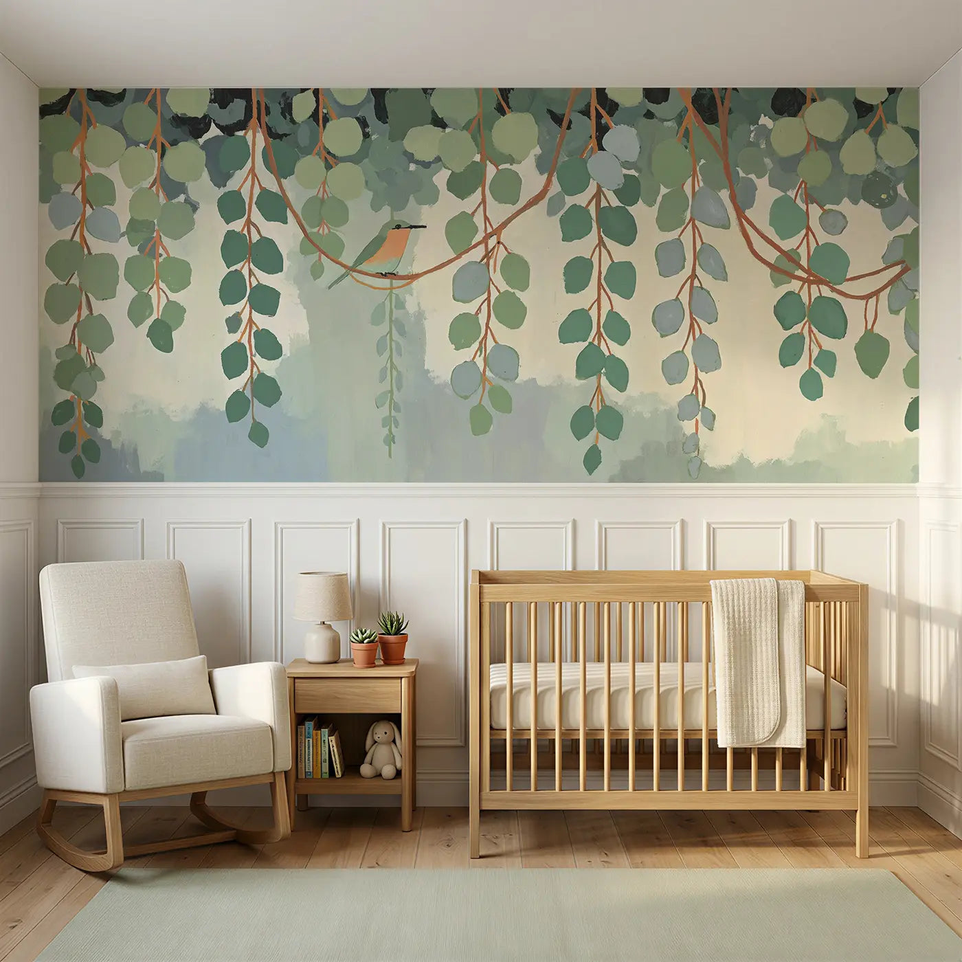 Modern Illustration bold eucalyptus branch row wainscoting wallpaper for nursery by Whimsy Tots