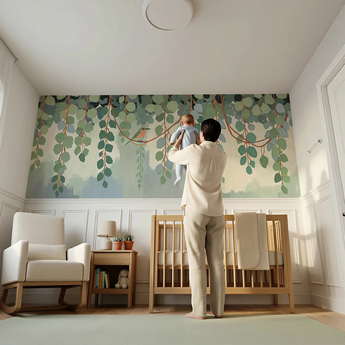 Child reading near Bold Eucalyptus Branch Row Wainscoting Wallpaper by Whimsy Tots