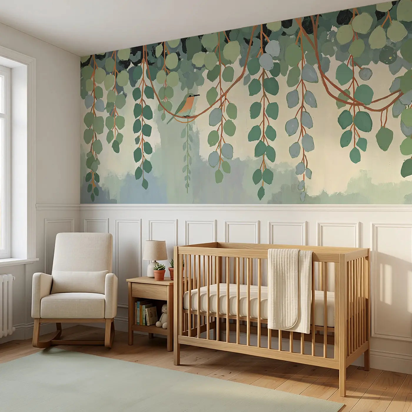 Bold Eucalyptus Branch Row Wainscoting Wallpaper styled in a kids bedroom by Whimsy Tots